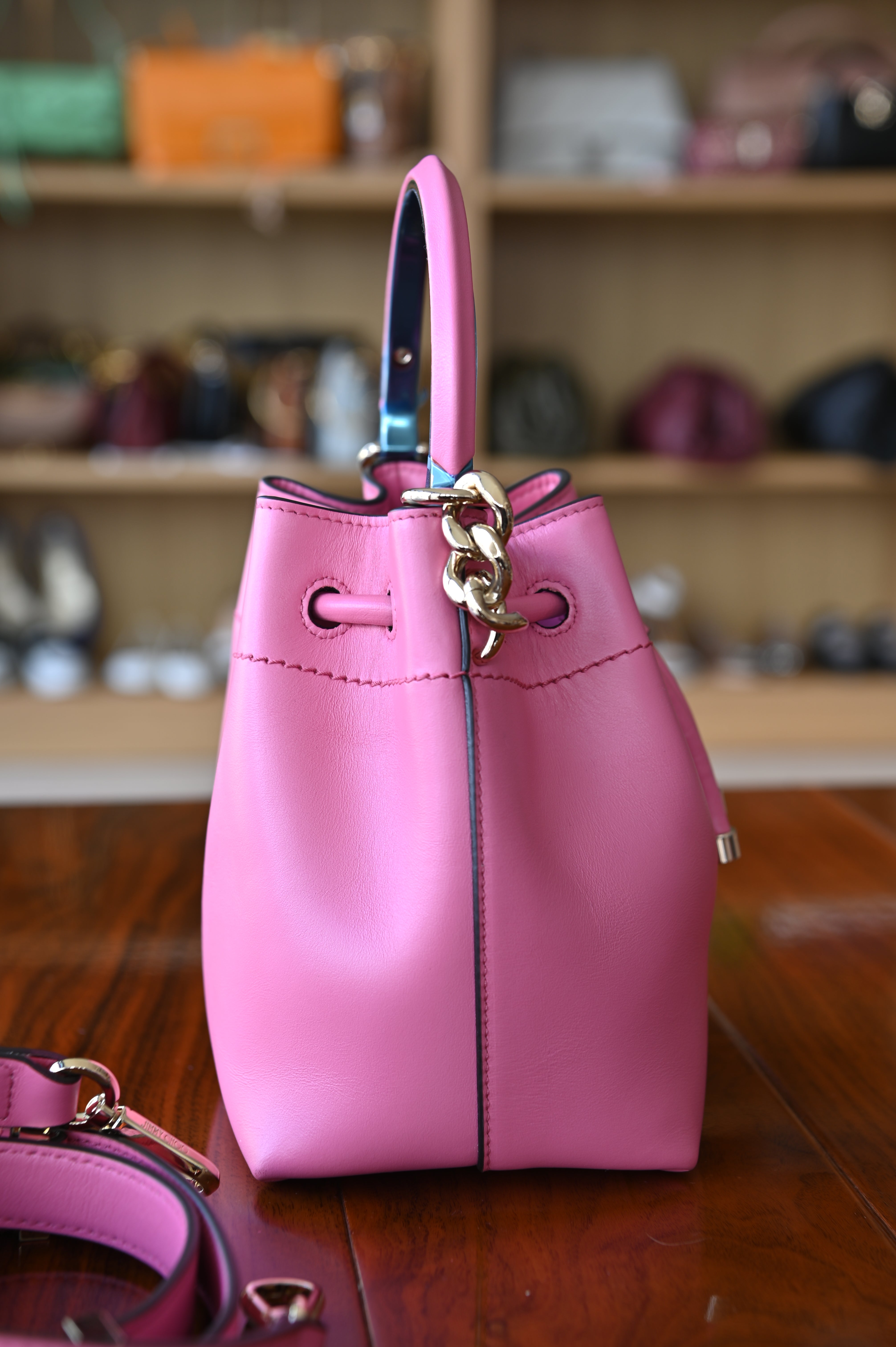 Jimmy Choo Pink Bon Bon Bucket Bag side
