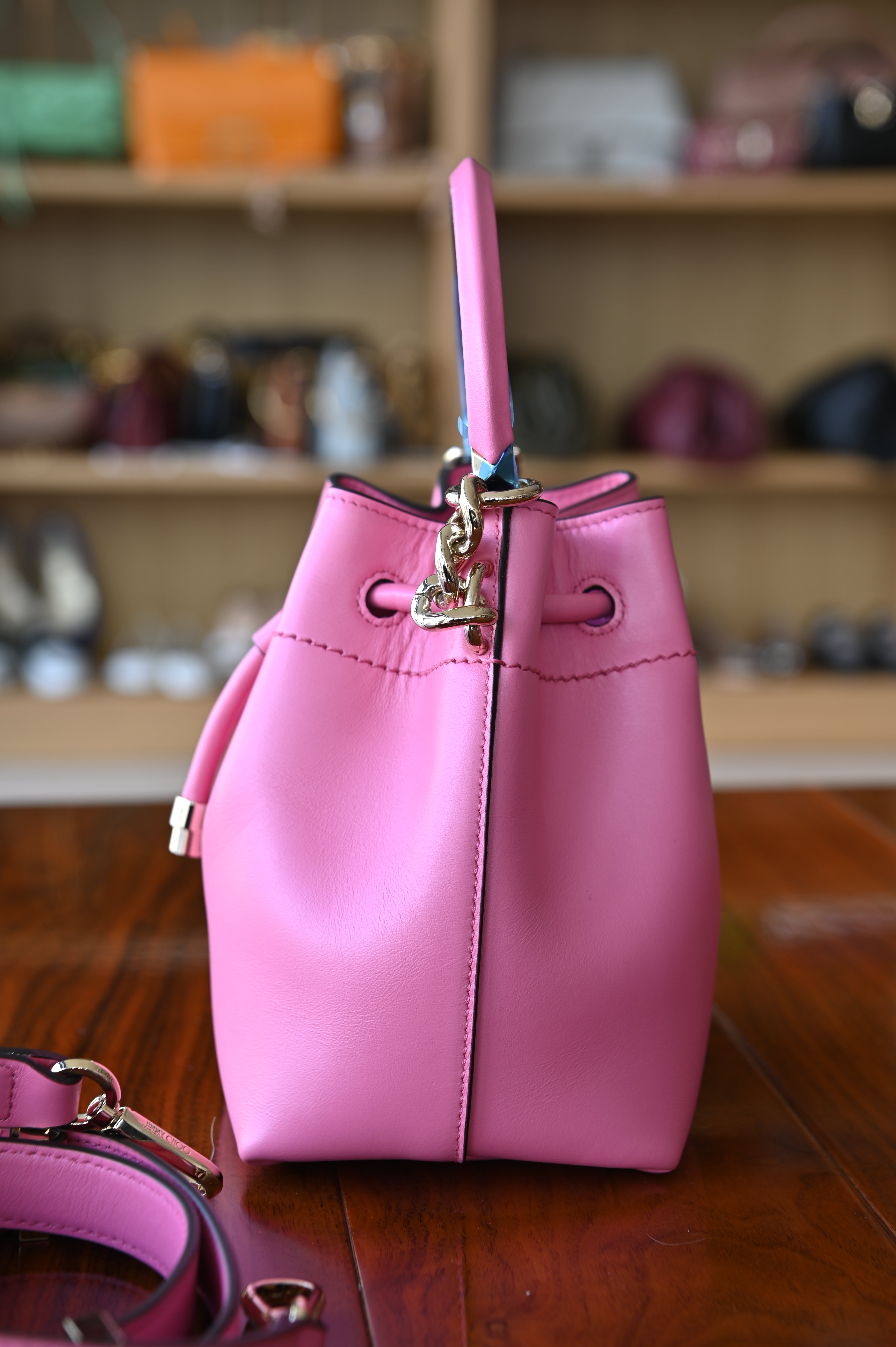 Jimmy Choo Pink Bon Bon Bucket Bag side two