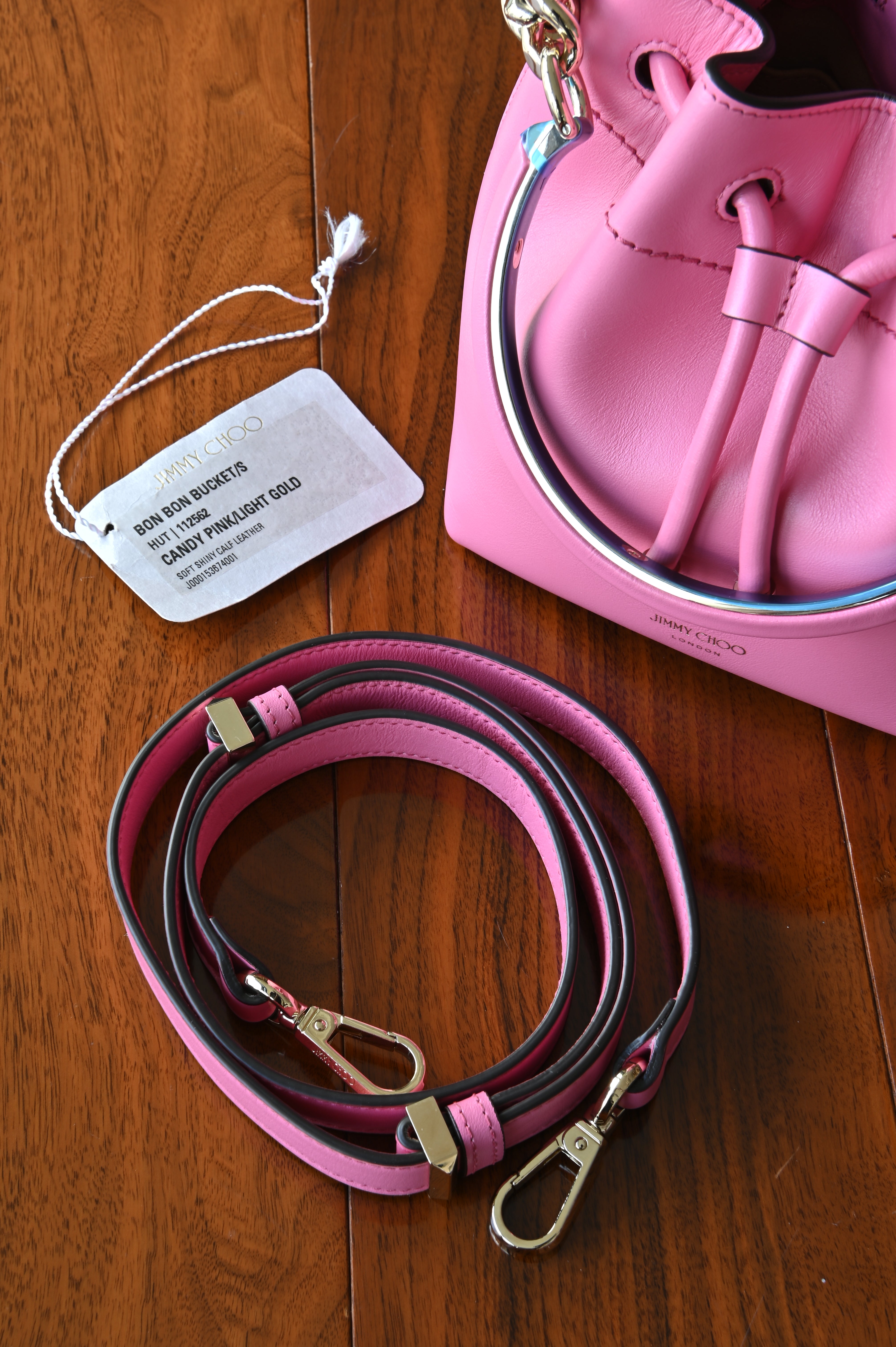 Jimmy Choo Pink Bon Bon Bucket Bag strap handle