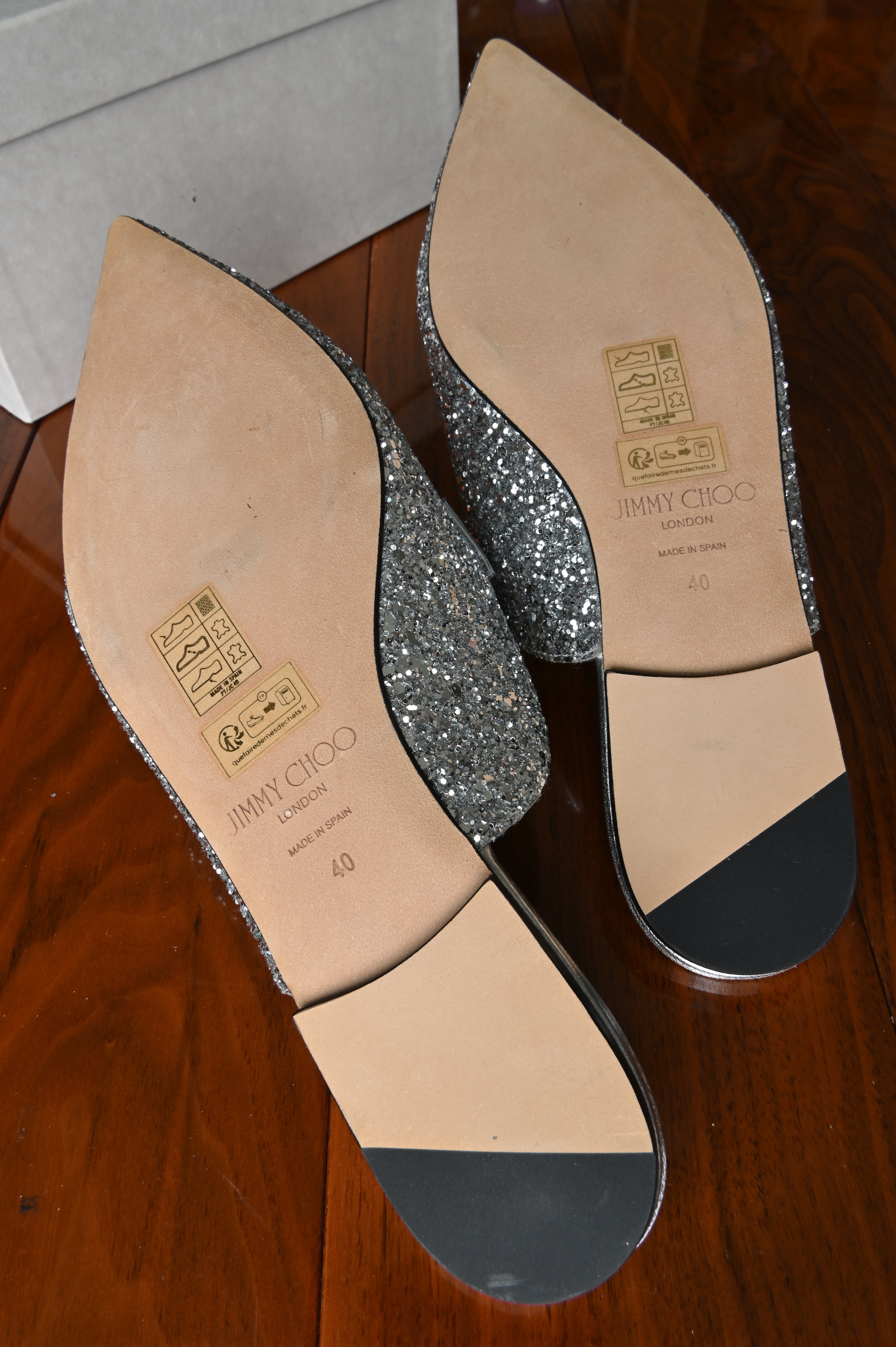 Jimmy Choo Silver Flat Mules bottom