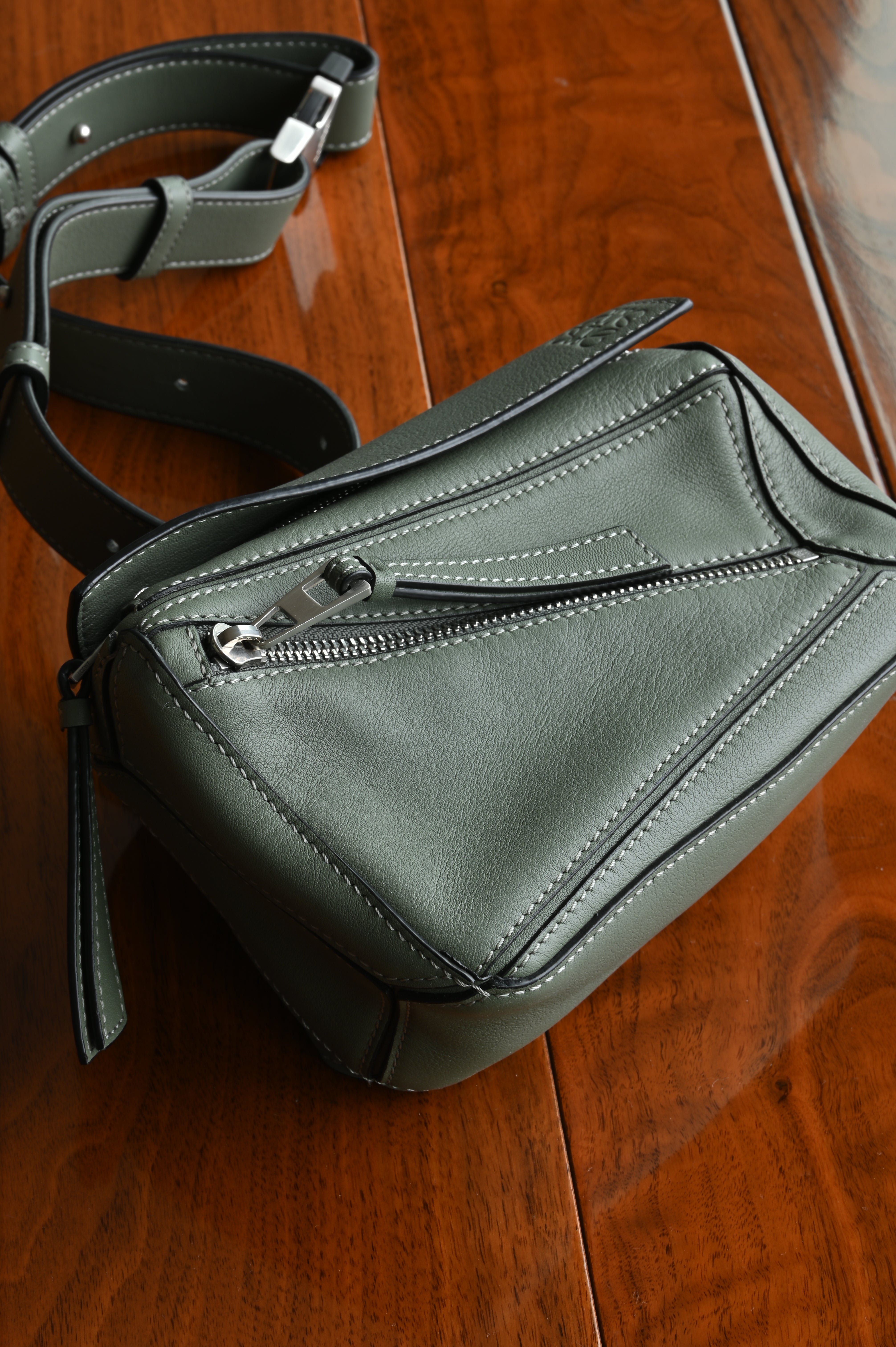 Loewe Sage Green Puzzle Edge Bag zipper