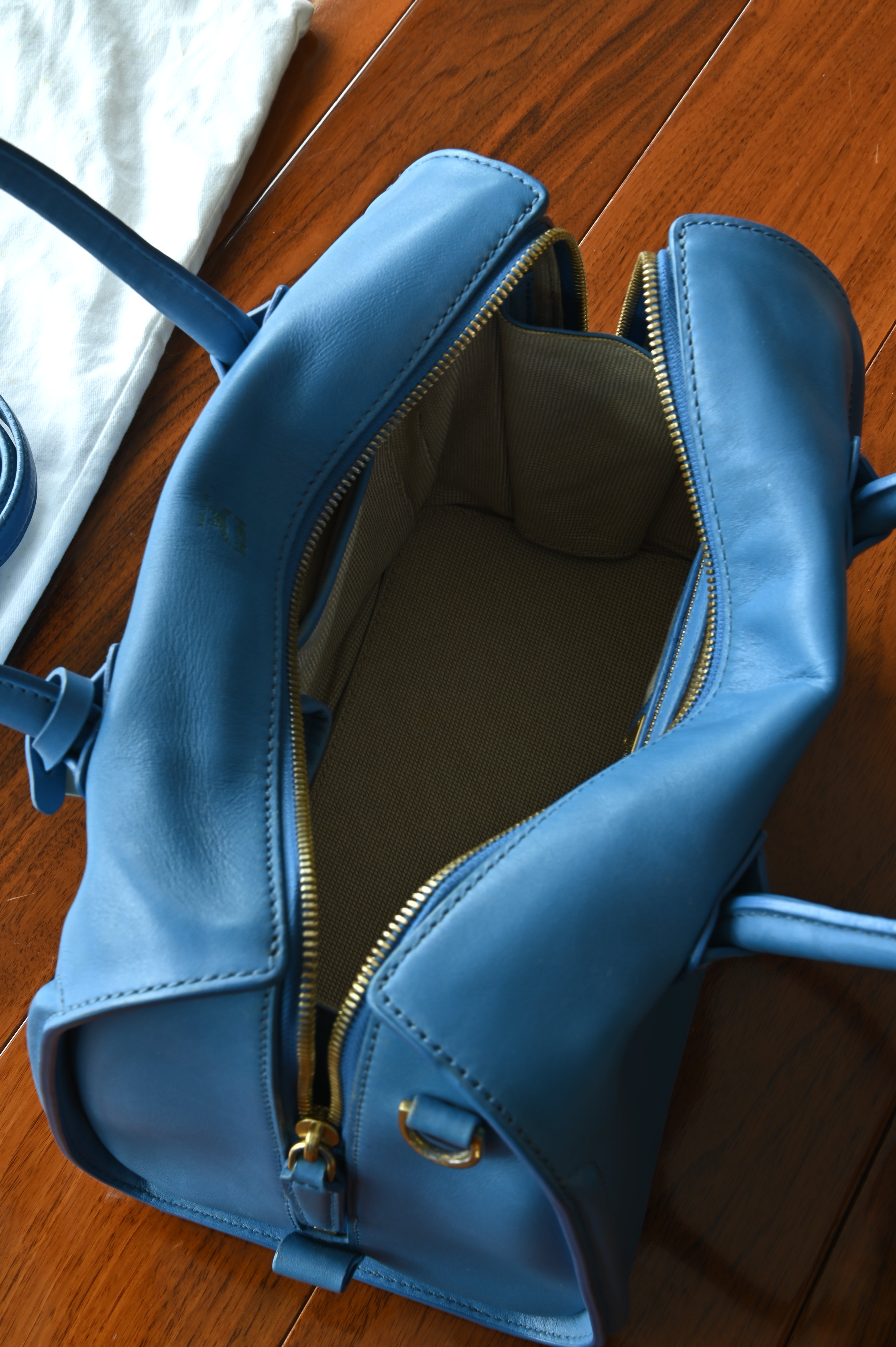 MCM Blue Grained Calf Crossbody Bag open
