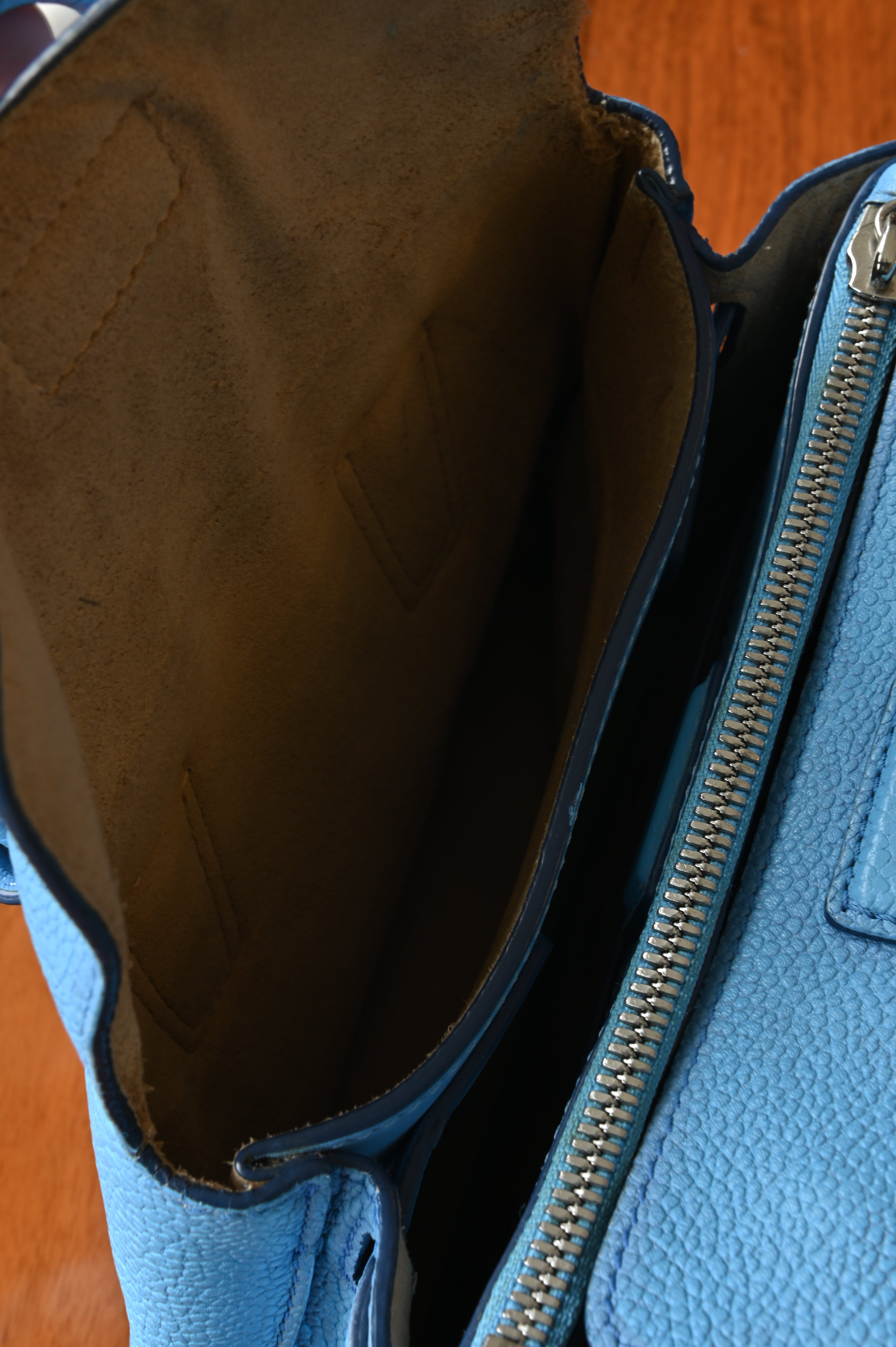 MCM Light Blue Grained Leather Milla Tote Bag open two
