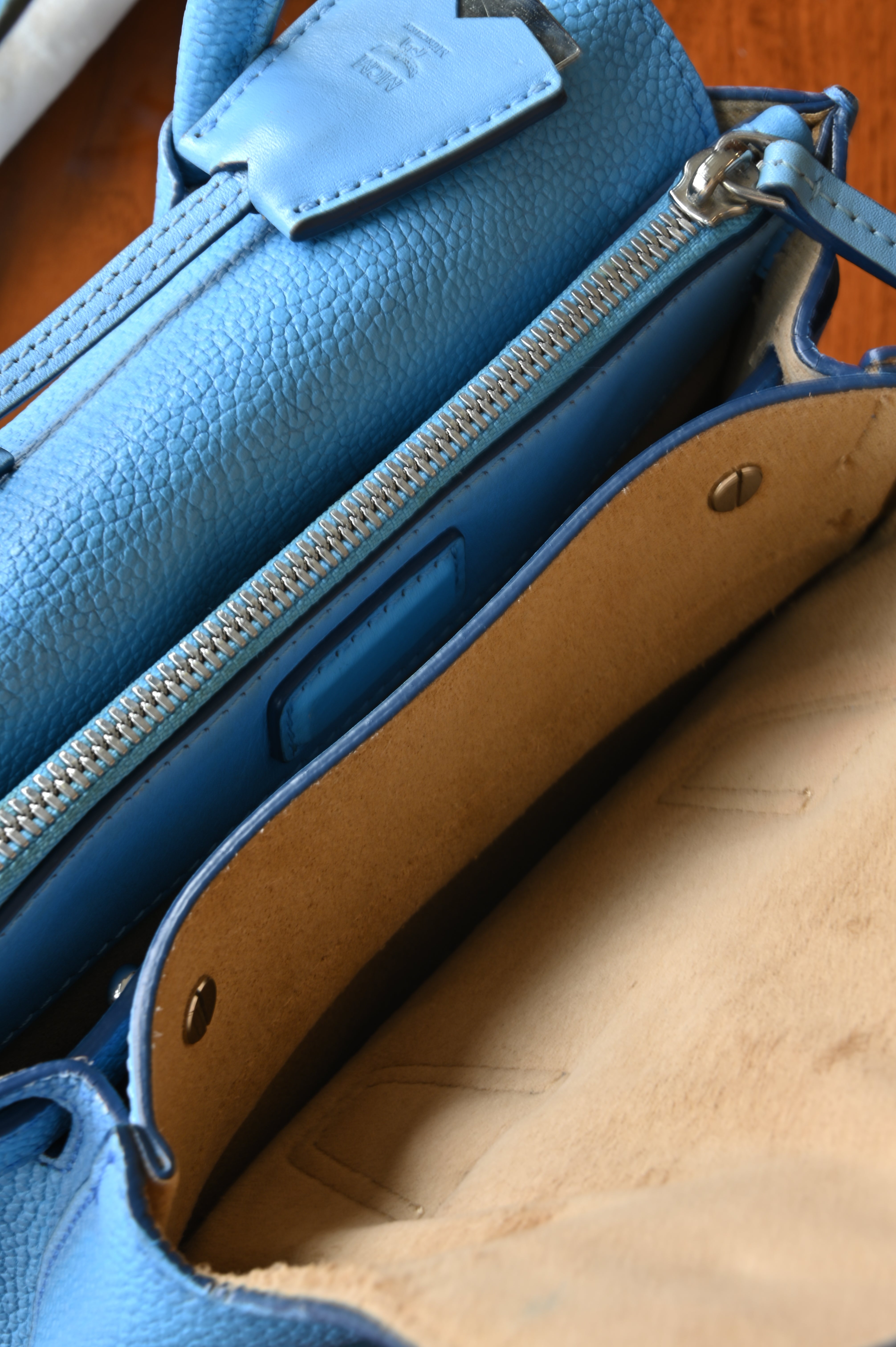 MCM Light Blue Grained Leather Milla Tote  open