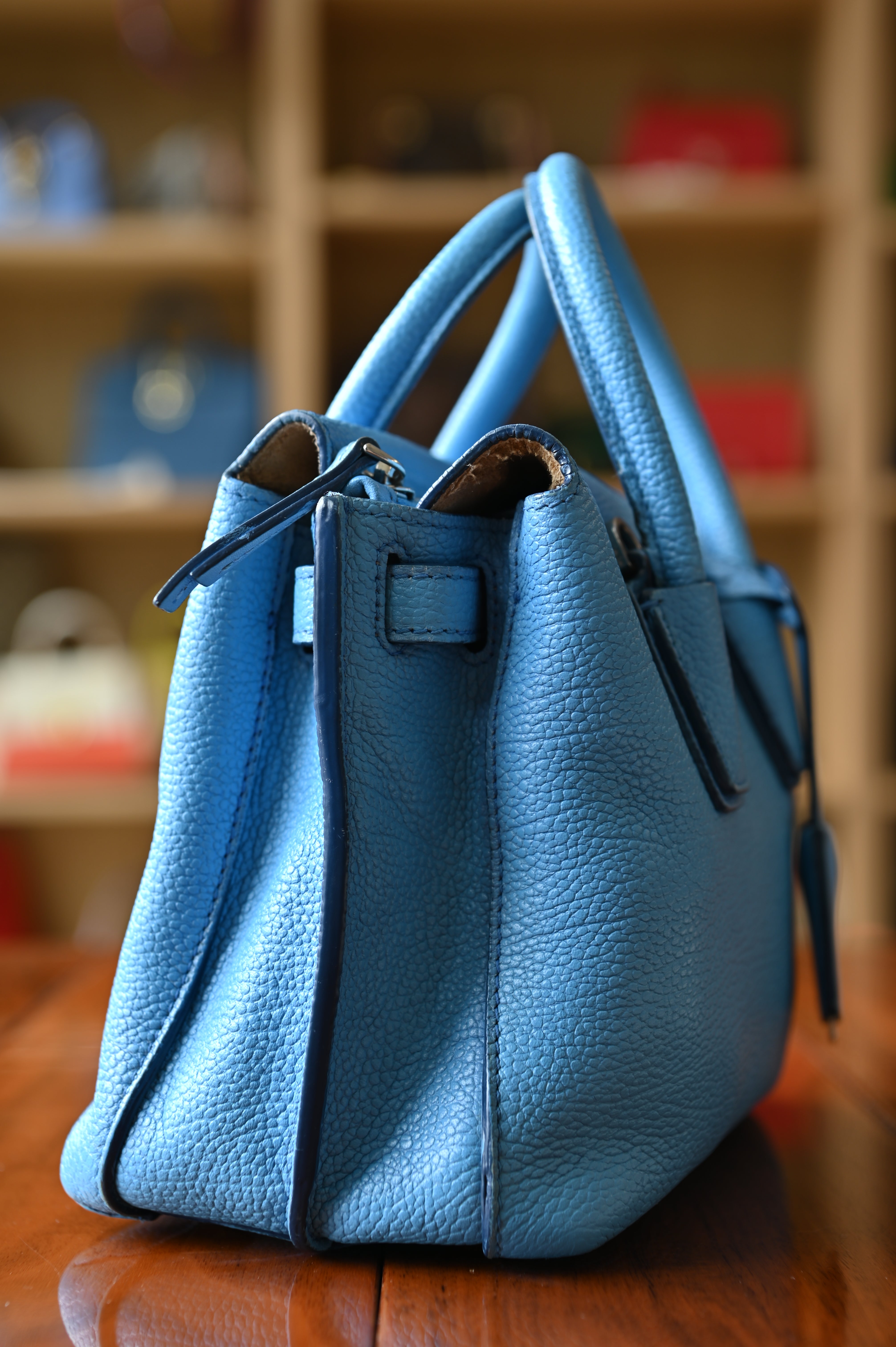 MCM Light Blue Grained Leather Milla Tote  side