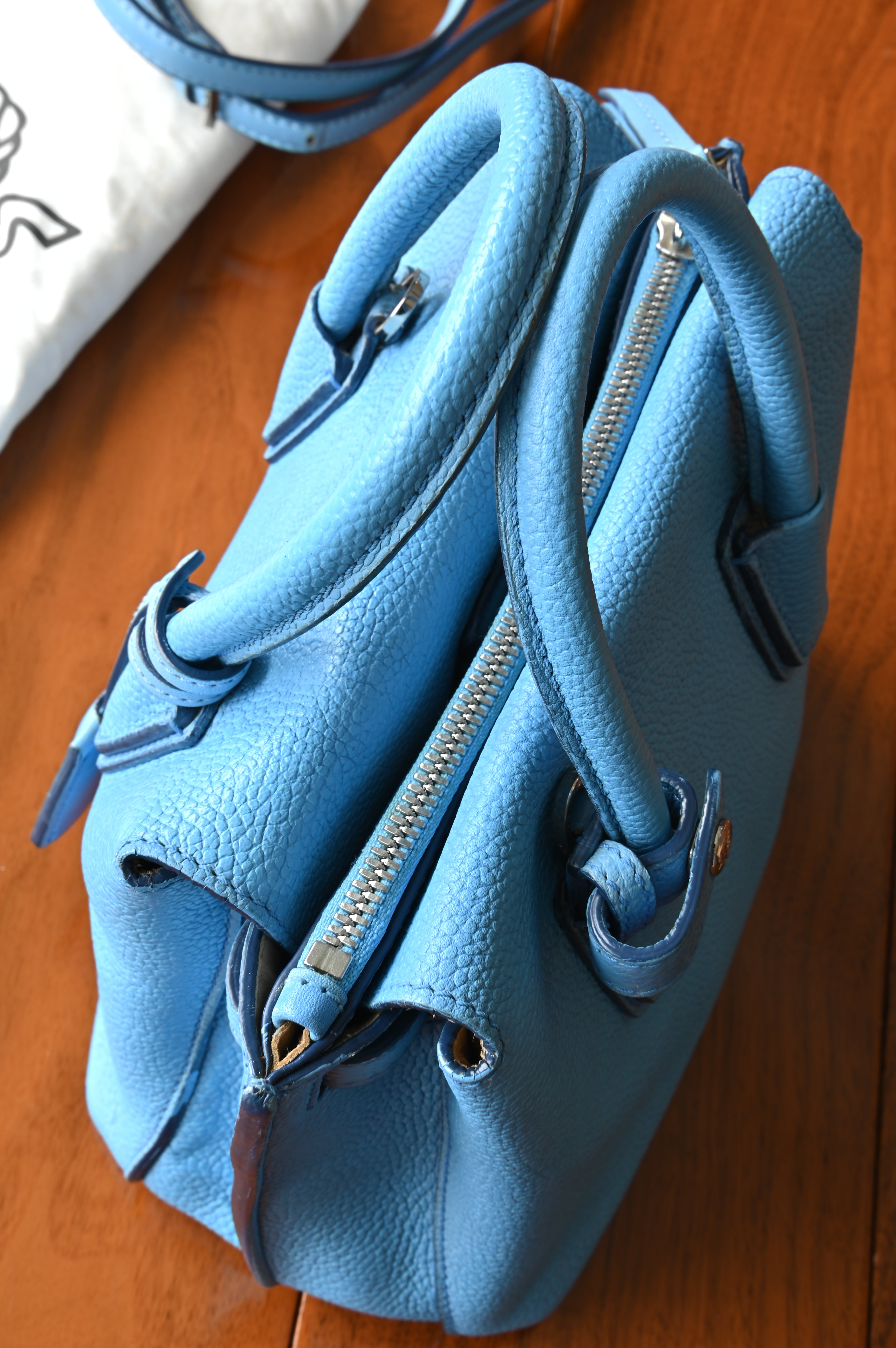 MCM Light Blue Grained Leather Milla Tote top