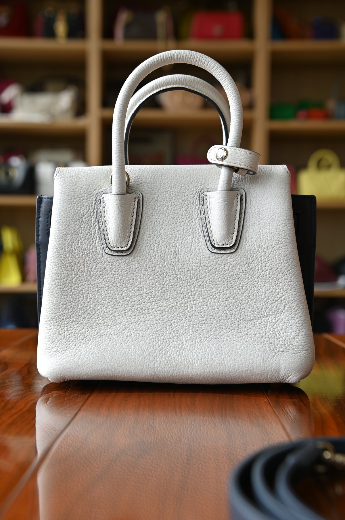 MCM White Navy Blue Grained Calf Top Handle Bag back