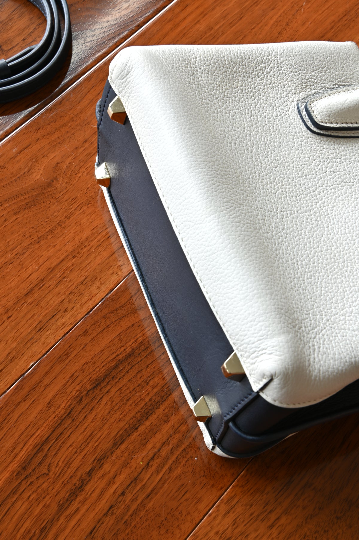 MCM White Navy Blue Grained Calf Top Handle Bag bottom