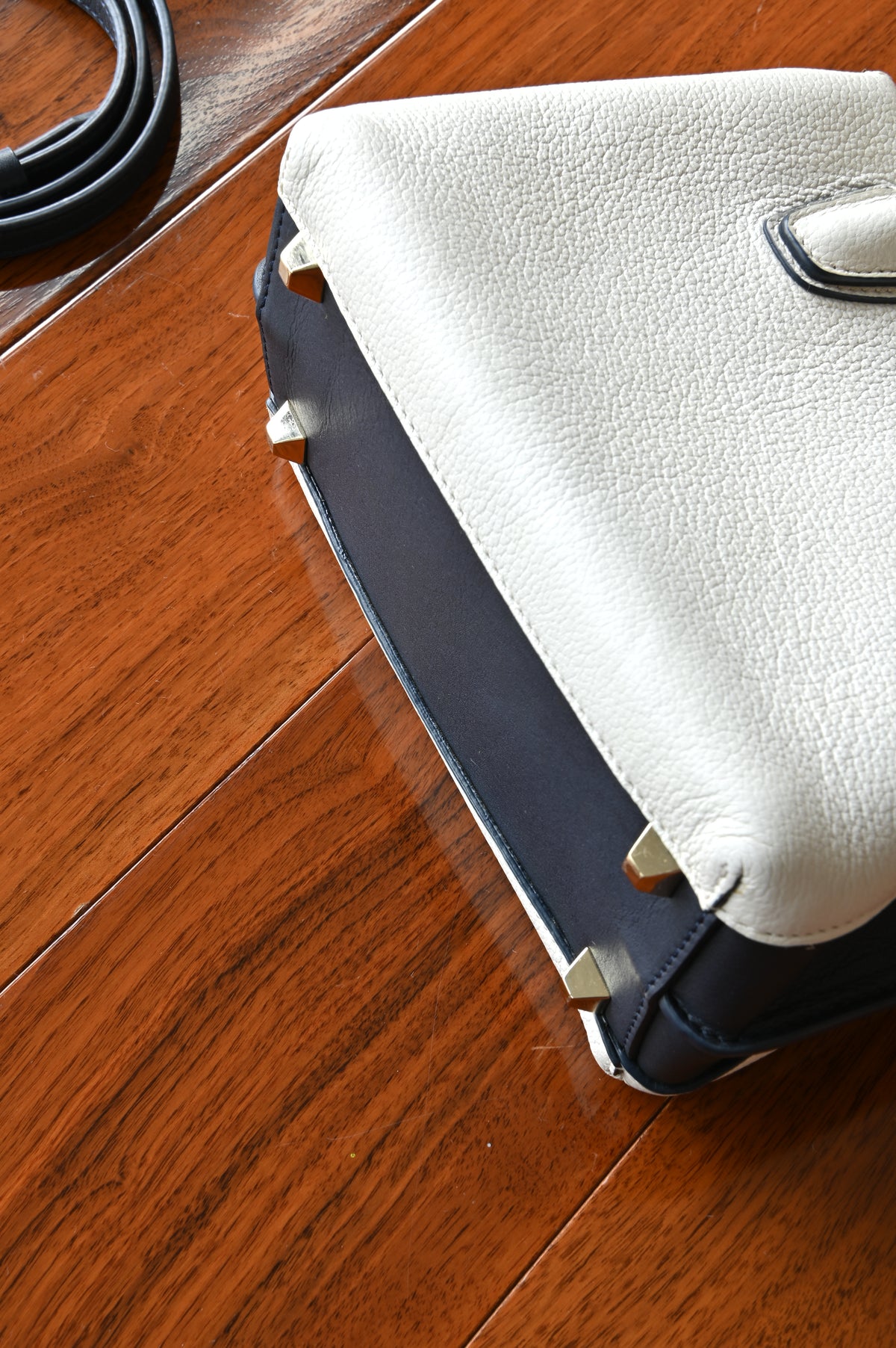 MCM White Navy Blue Grained Calf Top Handle Bag bottom two