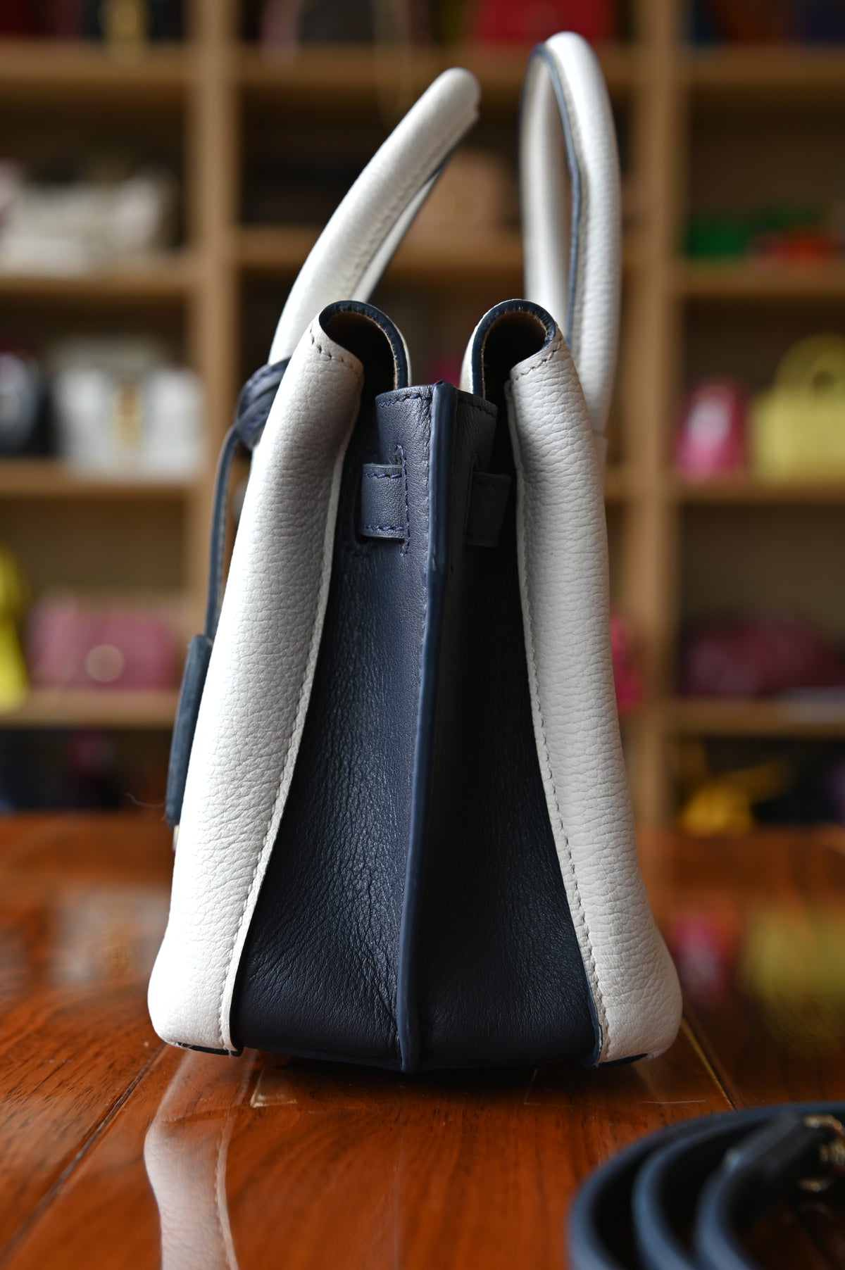 MCM White Navy Blue Grained Calf Top Handle Bag side