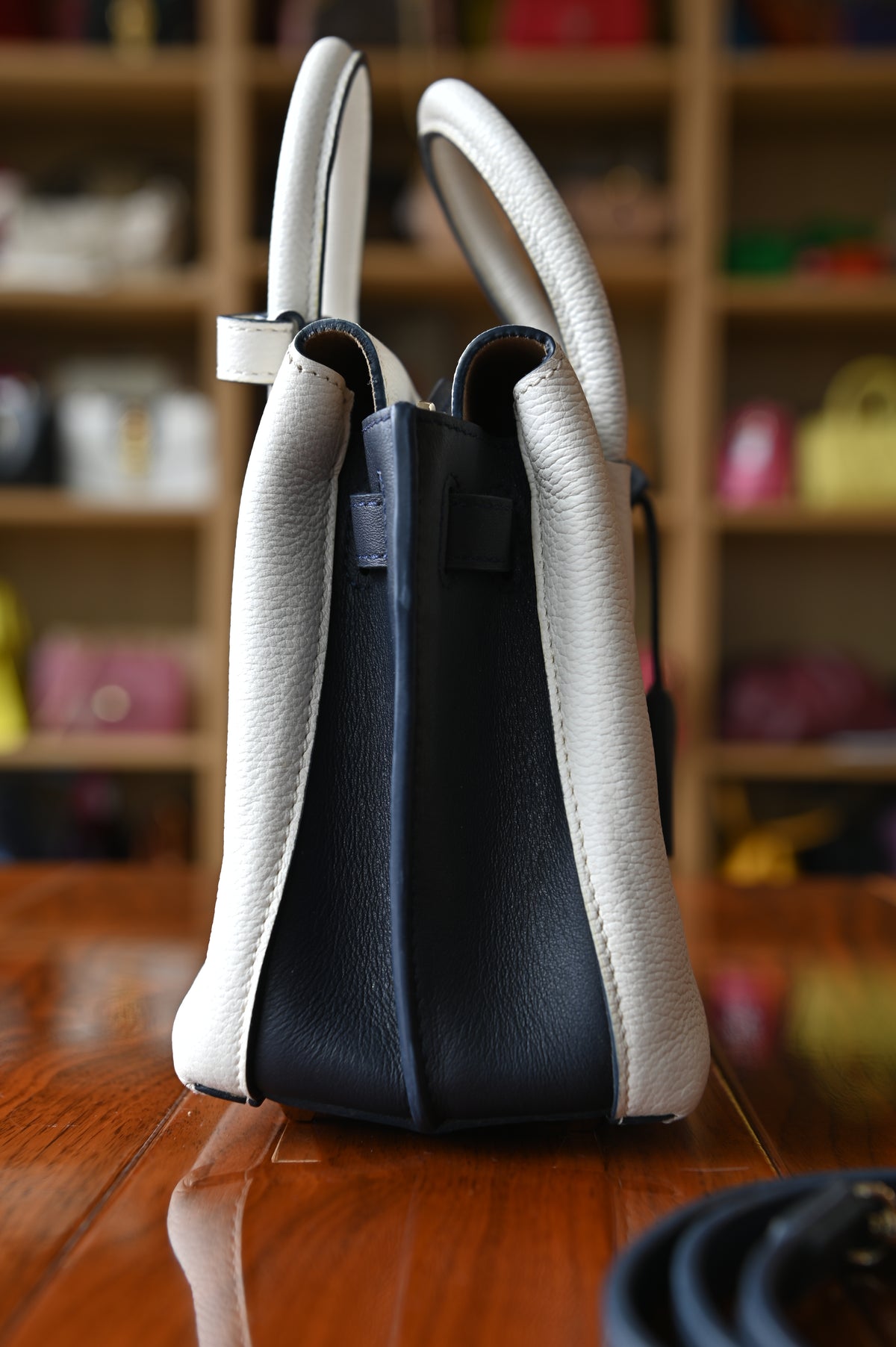 MCM White Navy Blue Grained Calf Top Handle Bag side two