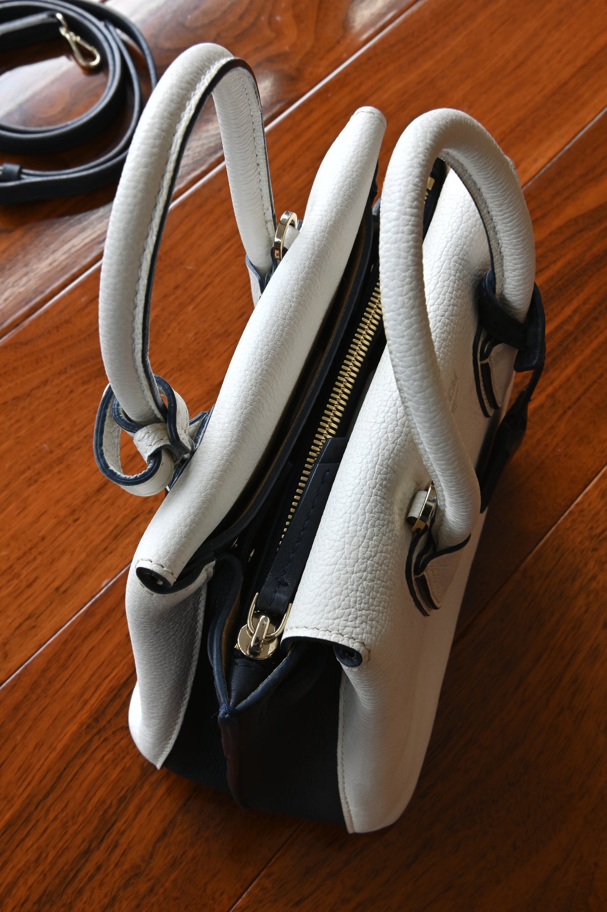 MCM White Navy Blue Grained Calf Top Handle Bag top