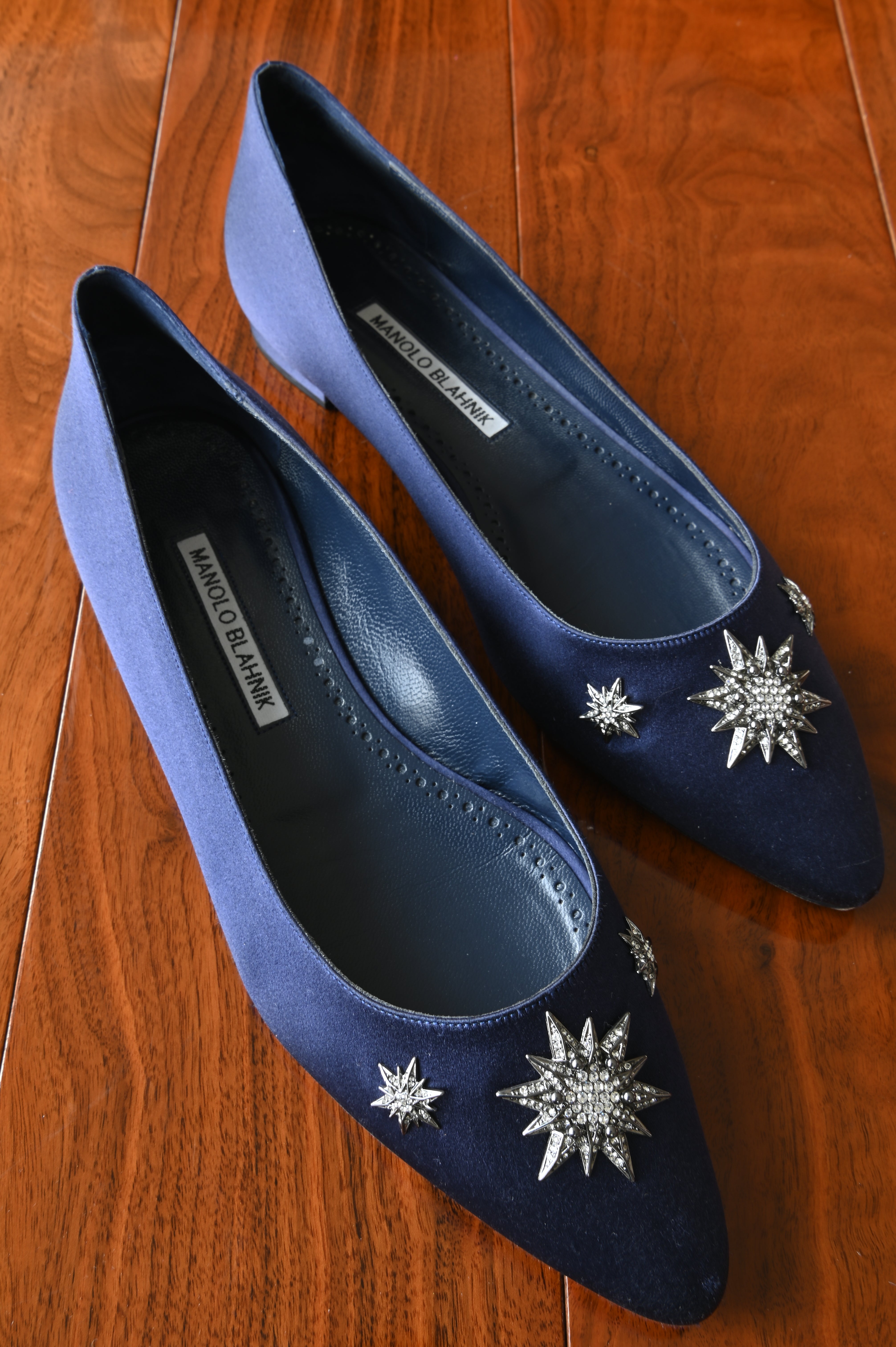 Manolo Blahnik Blue Crystal Embellished Roncona Flats