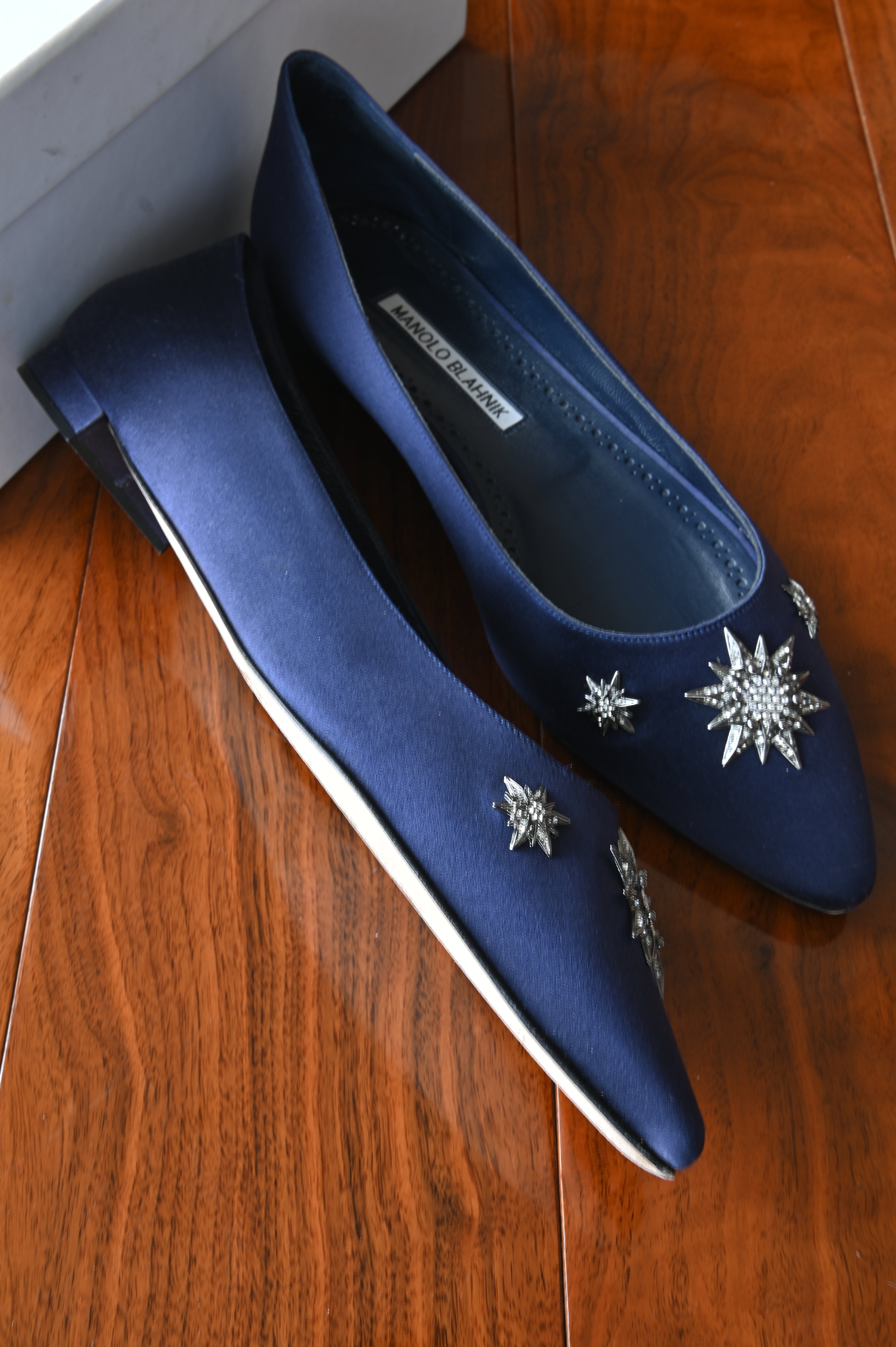 Manolo Blahnik Blue Crystal Embellished Roncona Flats left