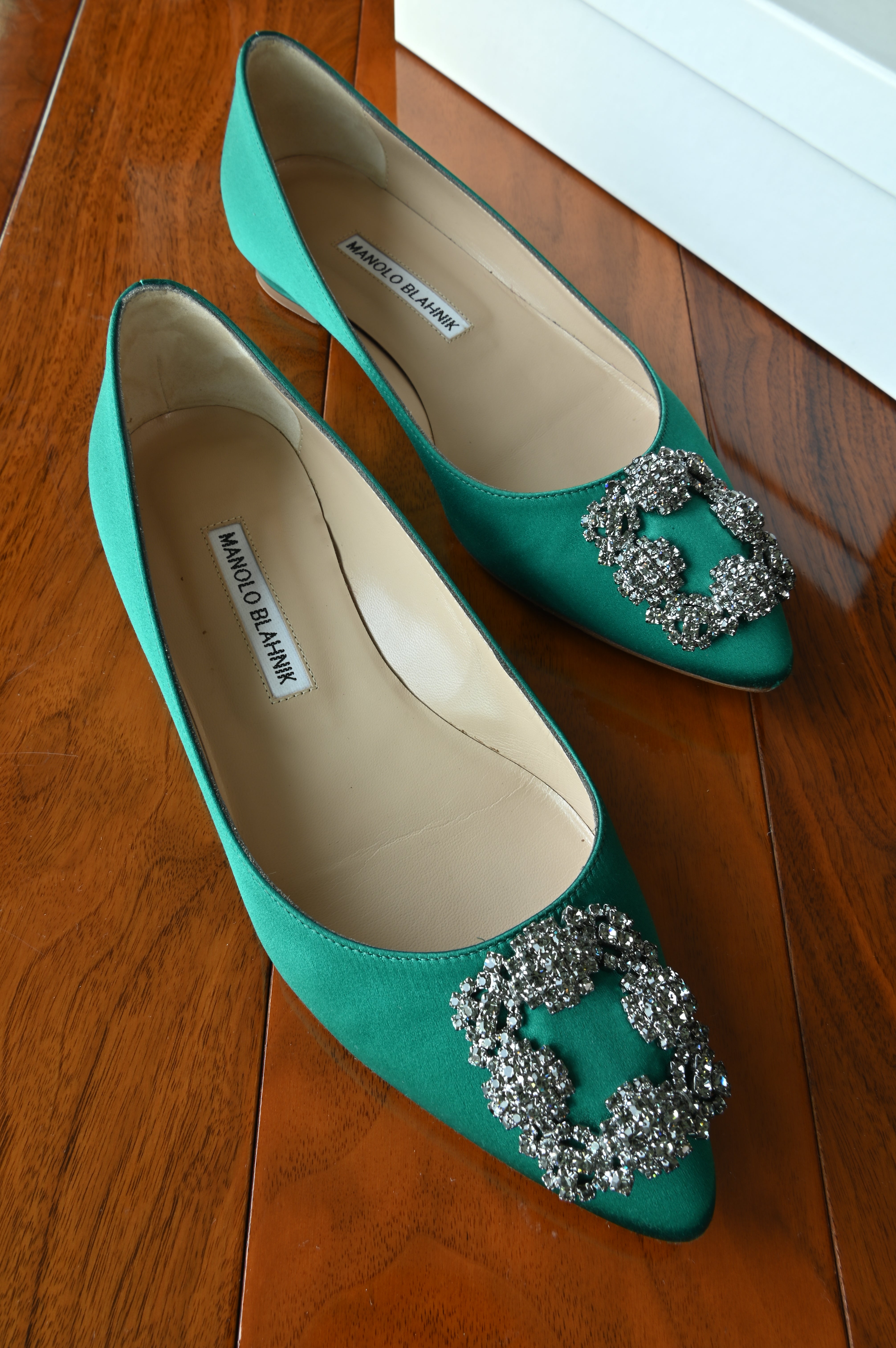 Manolo Blahnik Jade Satin Crystal Embellished Pumps