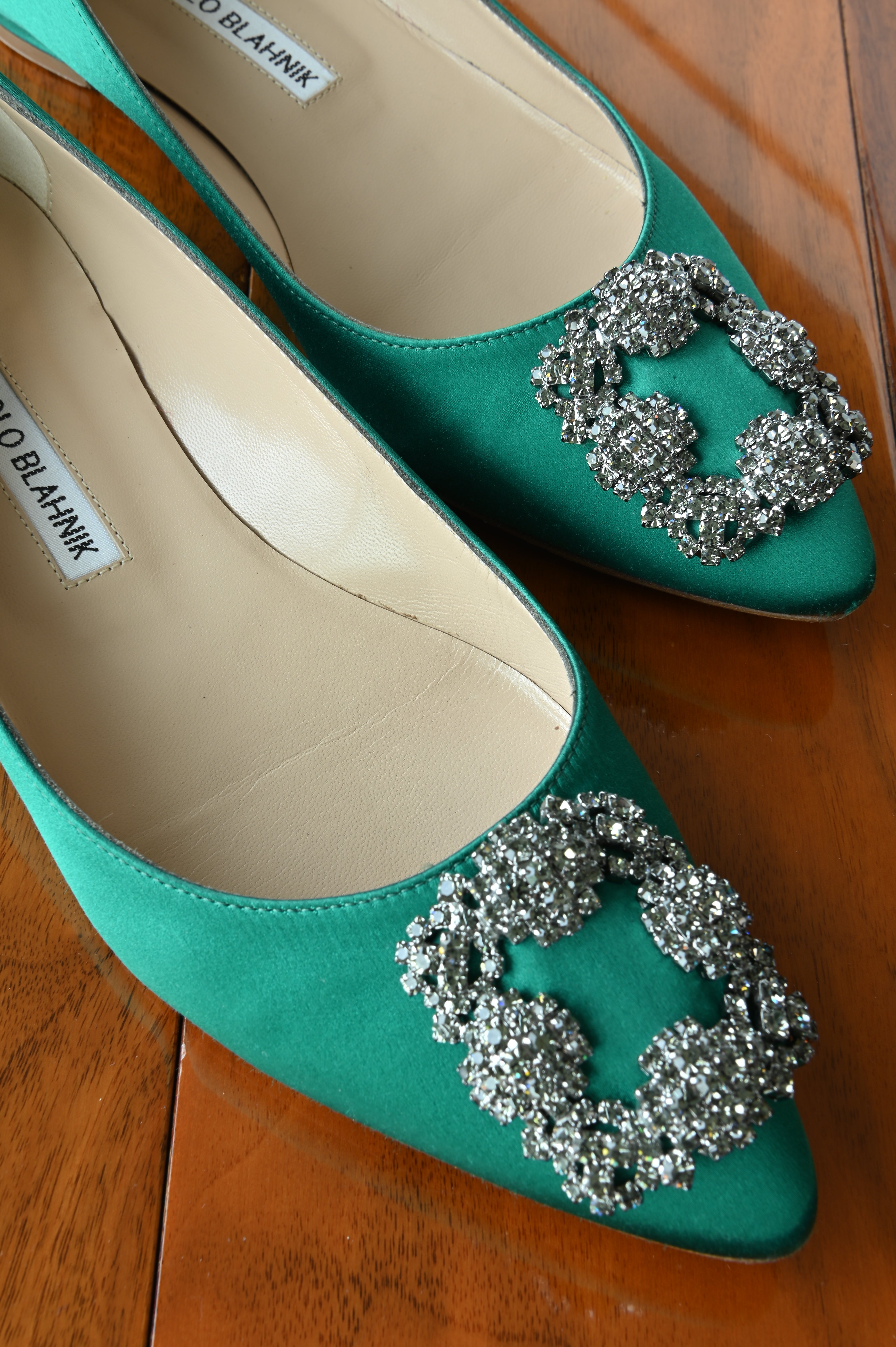 Manolo Blahnik Jade Satin Crystal Embellished Pumps front