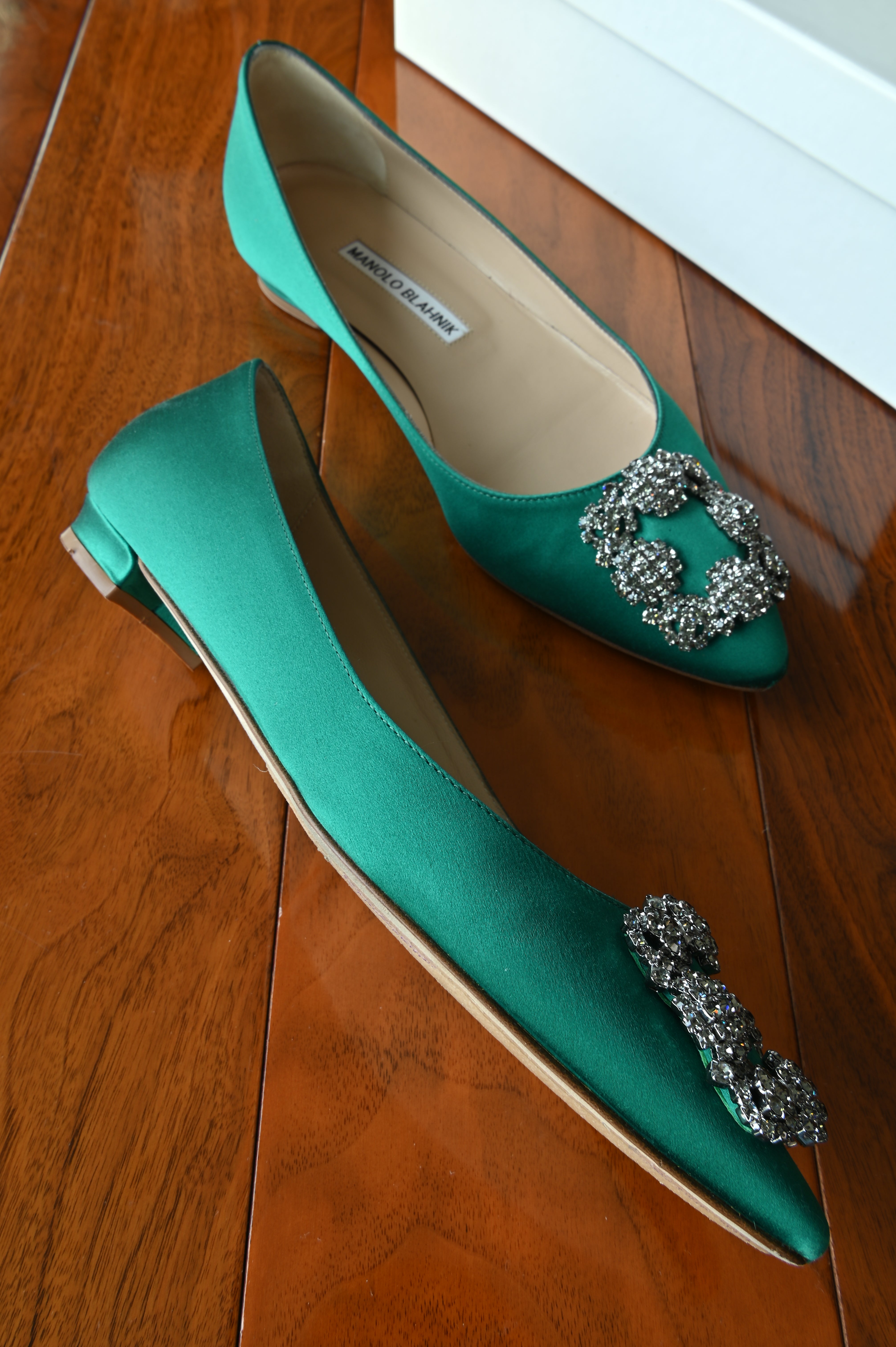 Manolo Blahnik Jade Satin Crystal Embellished Pumps left