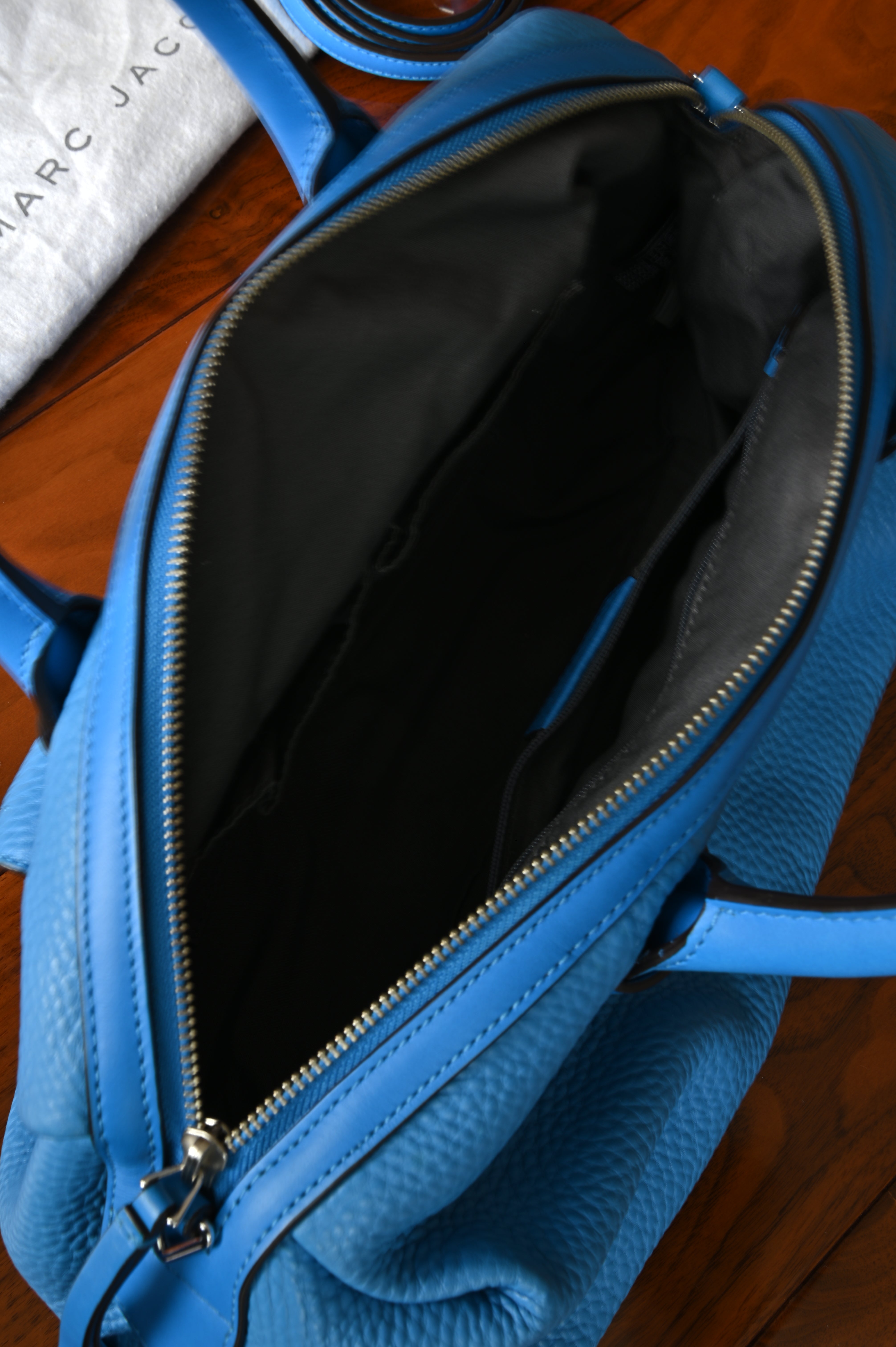 Marc Jacobs Blue Half Pipe Duffel Satchel open