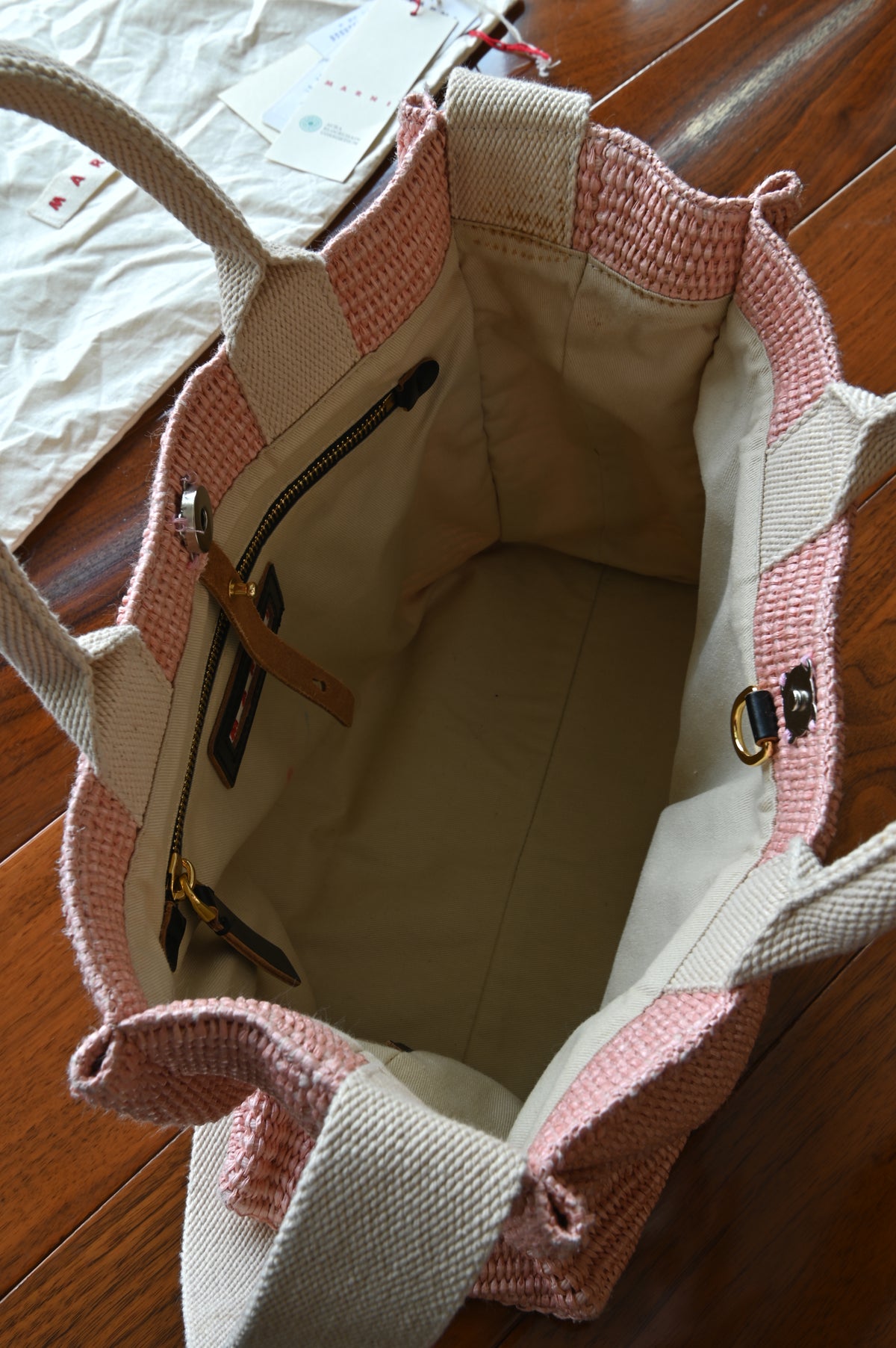 Marni Light Pink Canvas Tote Bag open top