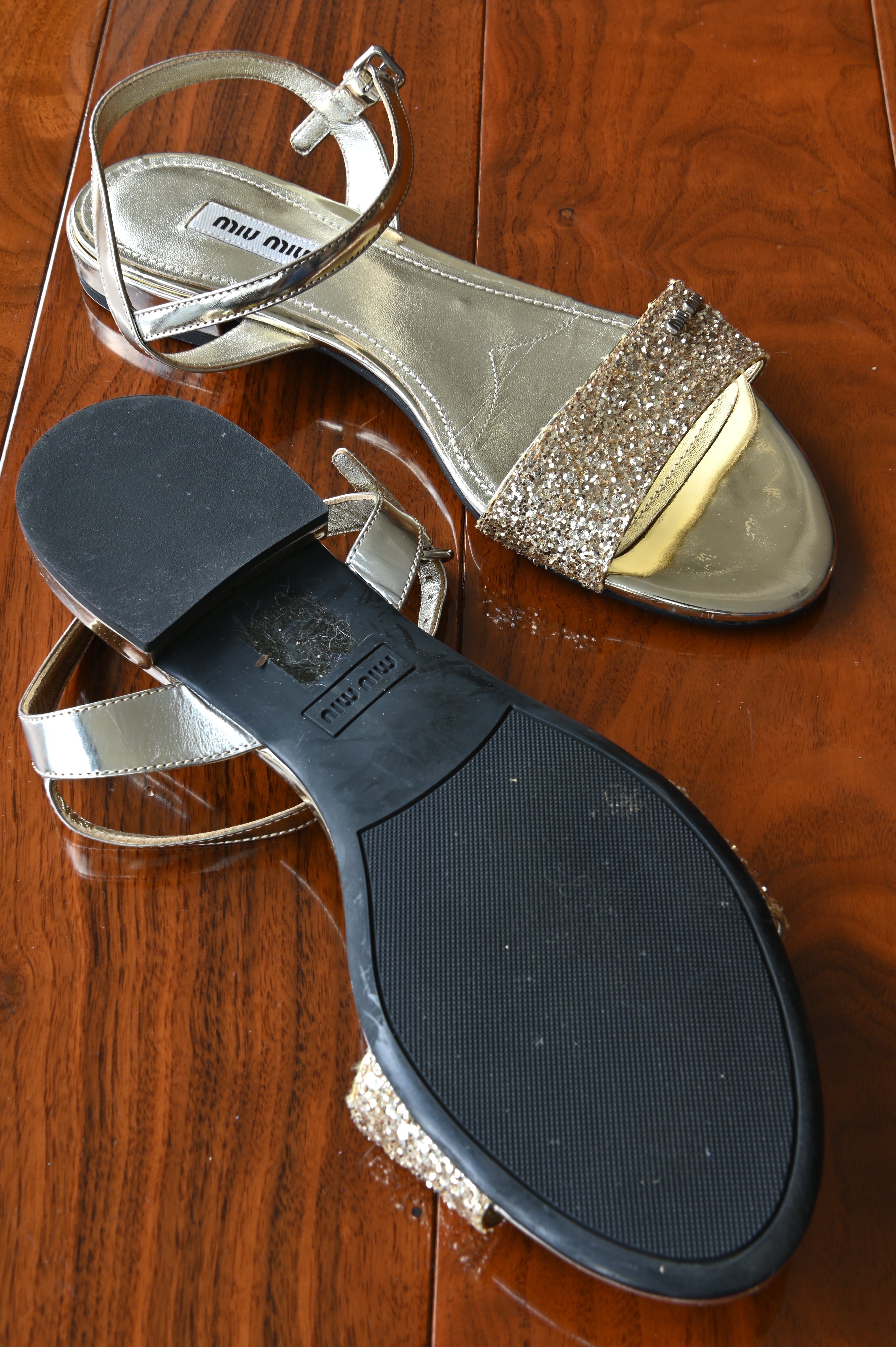 Miu Miu Gold Glitter Flats left