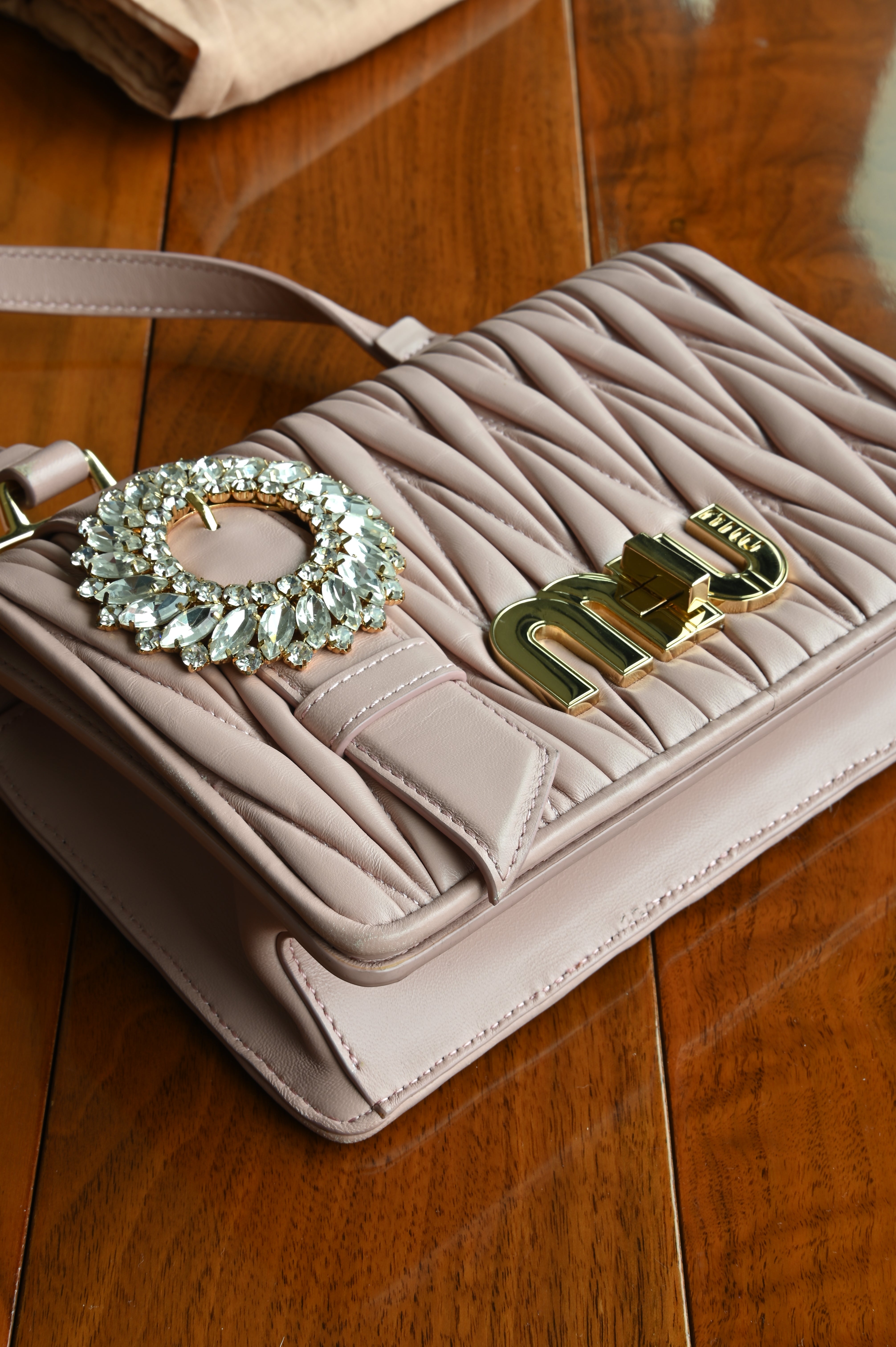 Miu Miu Pink Metalasse Crystal Bag angle