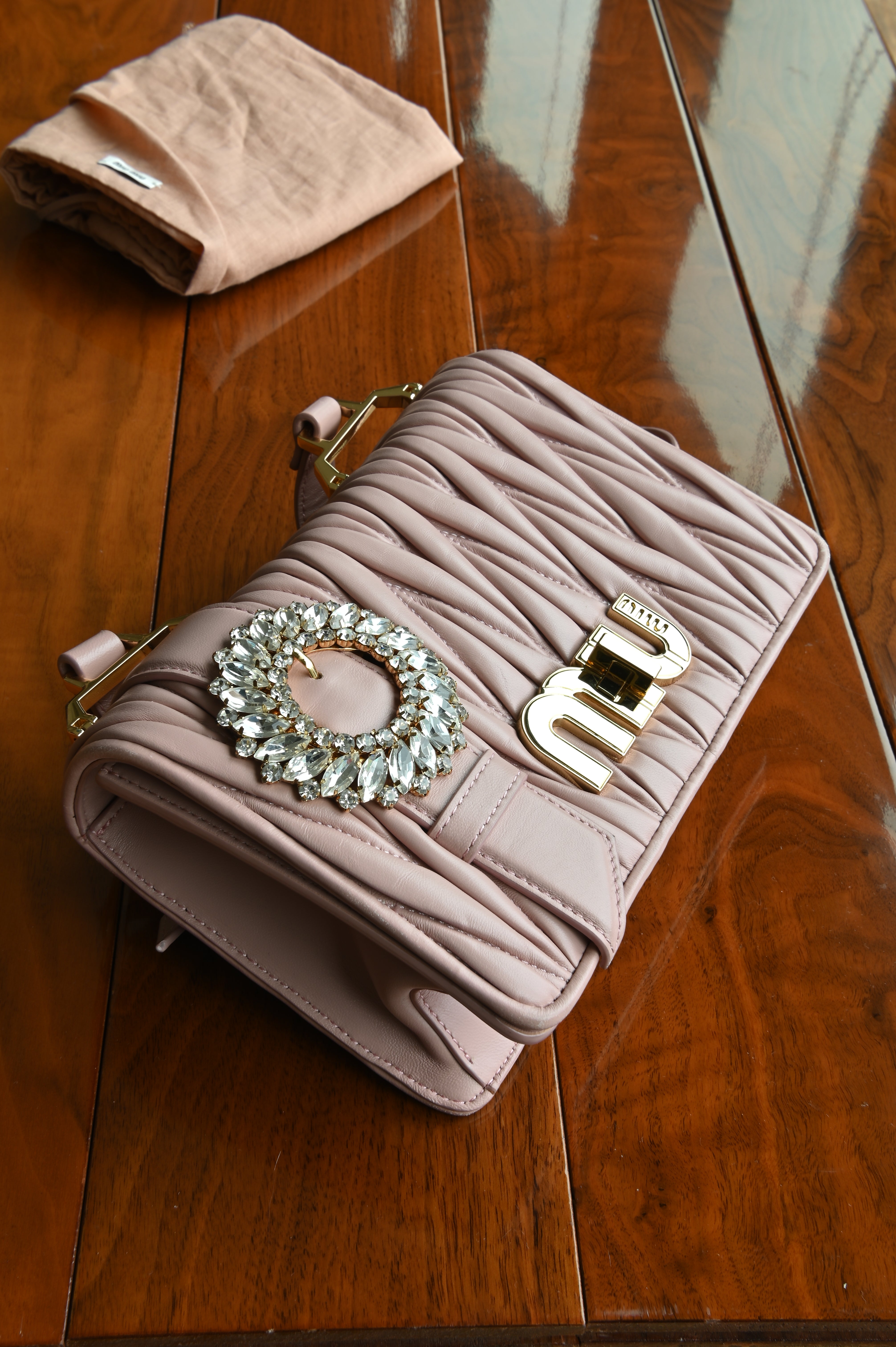 Miu Miu Pink Metalasse Crystal Bag front angle