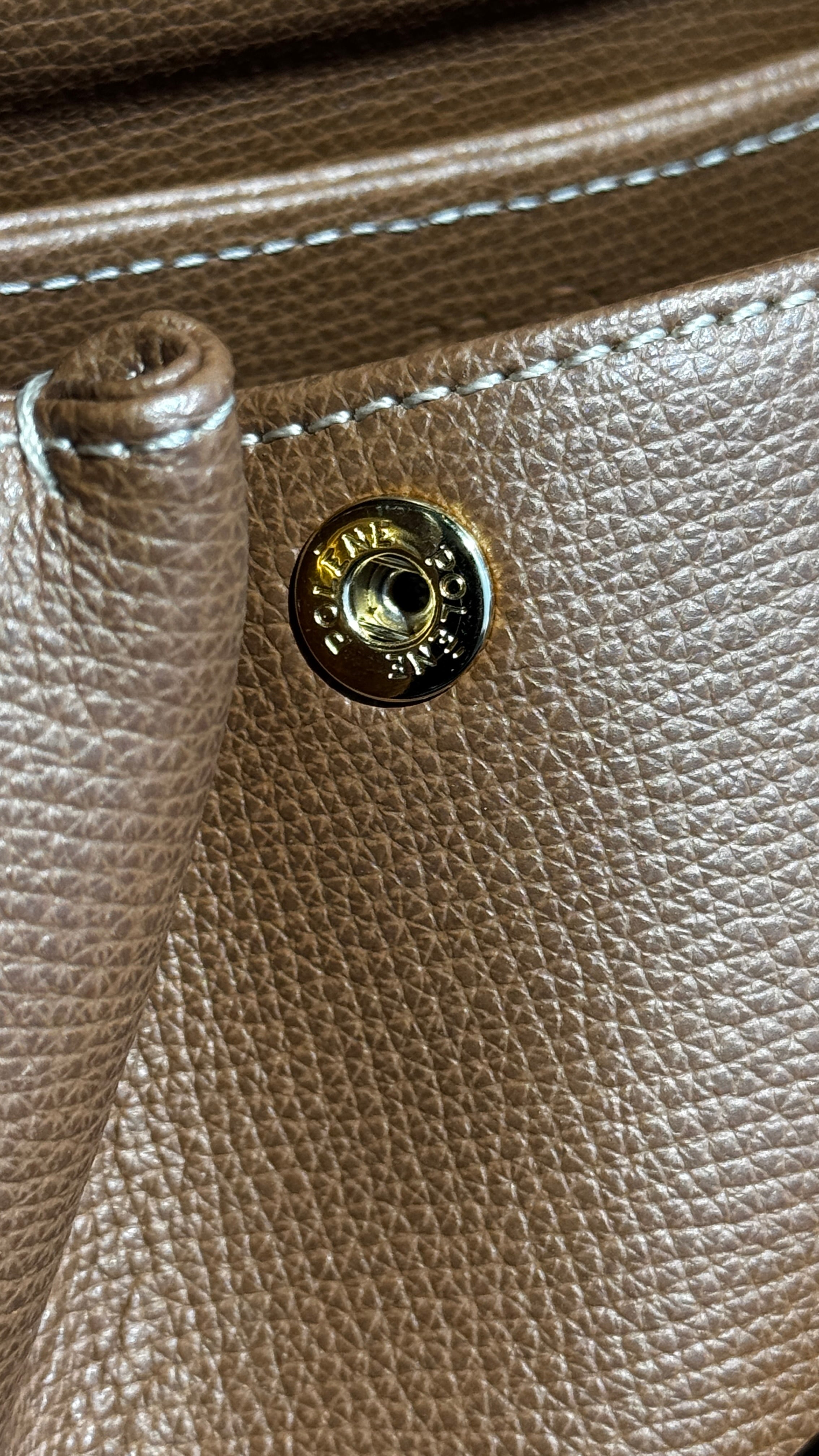 Authentic preloved Polène Numéro Un Nano Bag in Trio Camel, close-up hardware view highlighting the gold-tone accents and fine craftsmanship.
