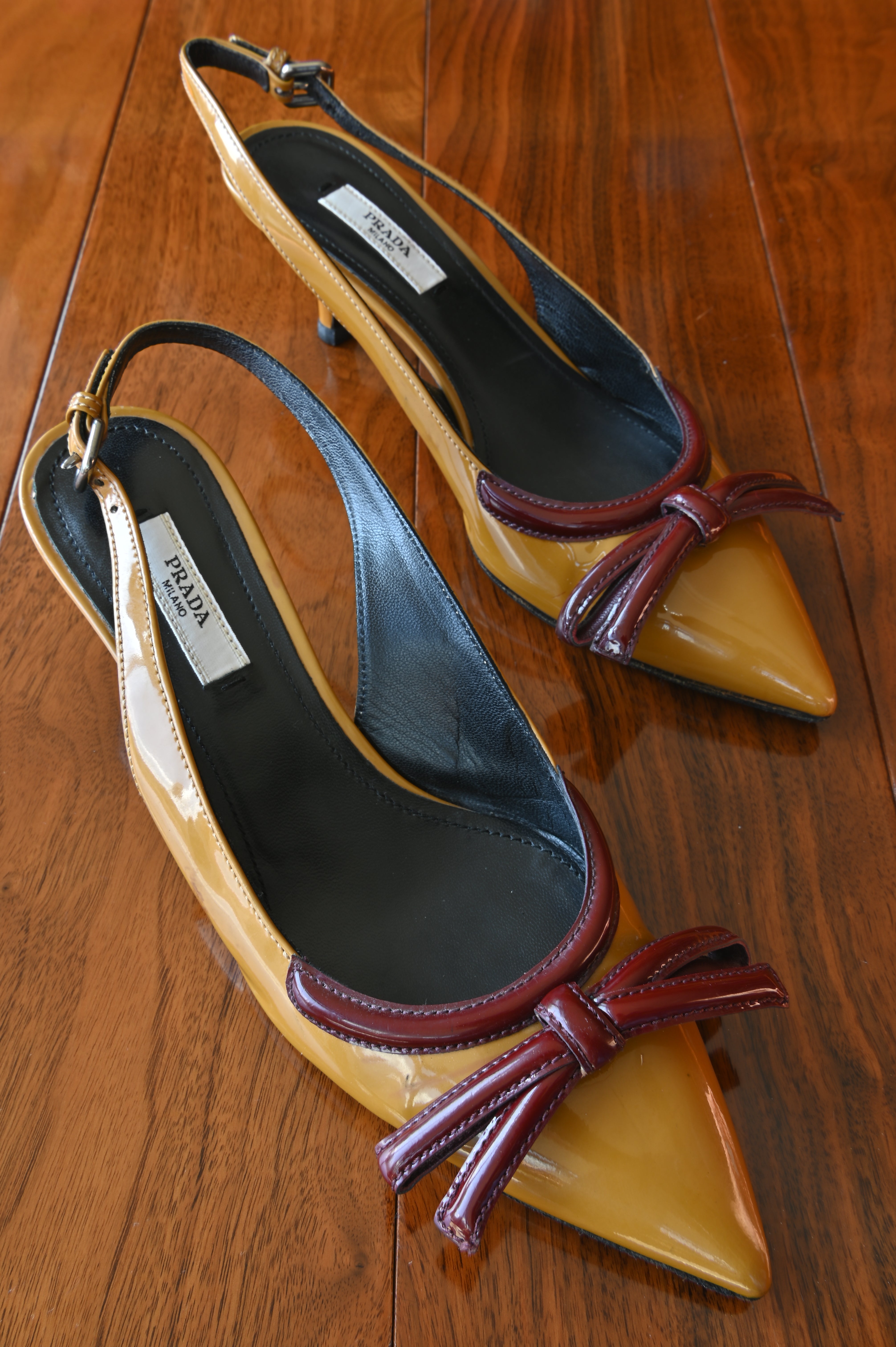Prada Yellow Red Patent Bow Heels