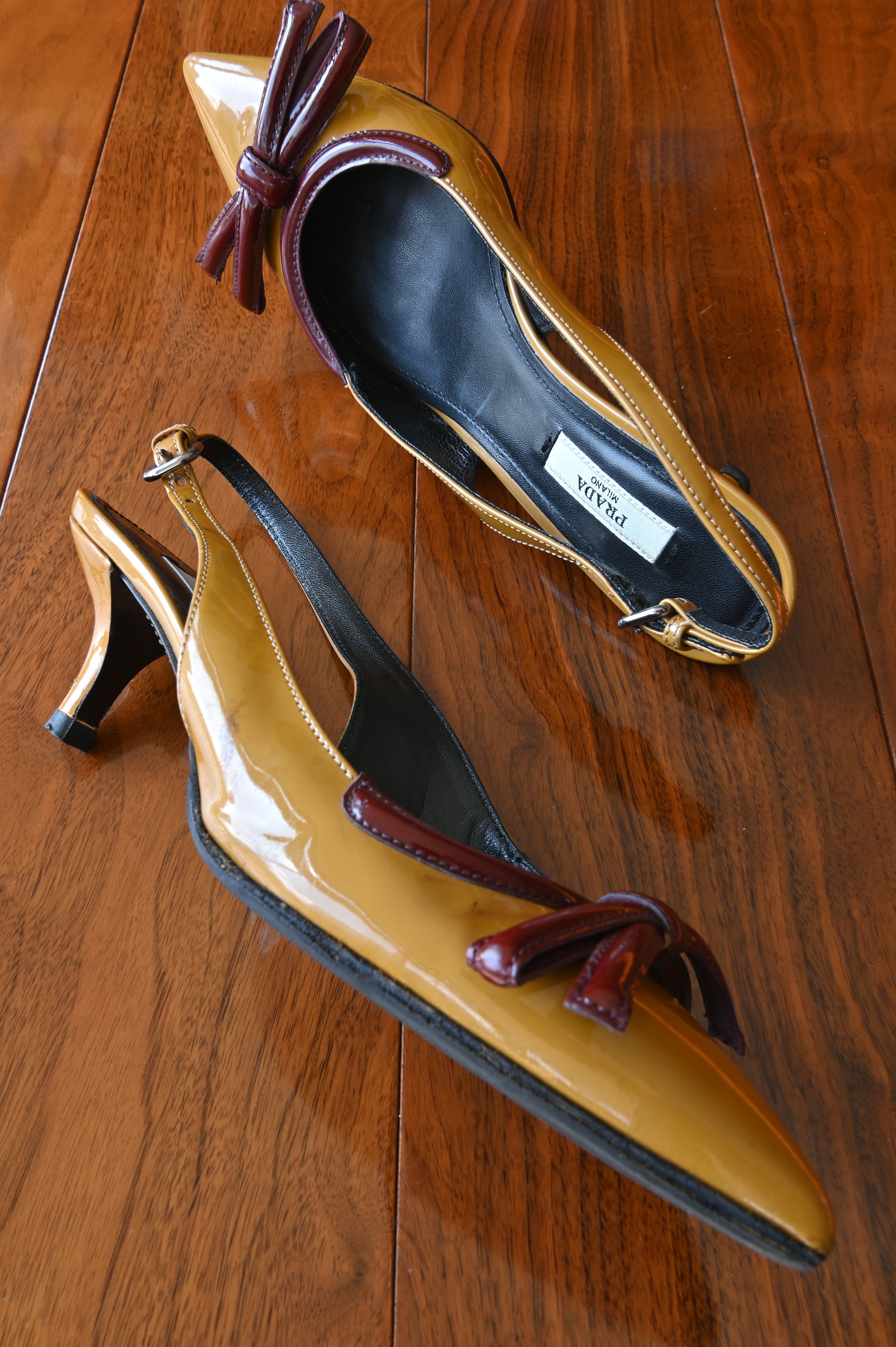 Prada Yellow Red Patent Bow Heels side