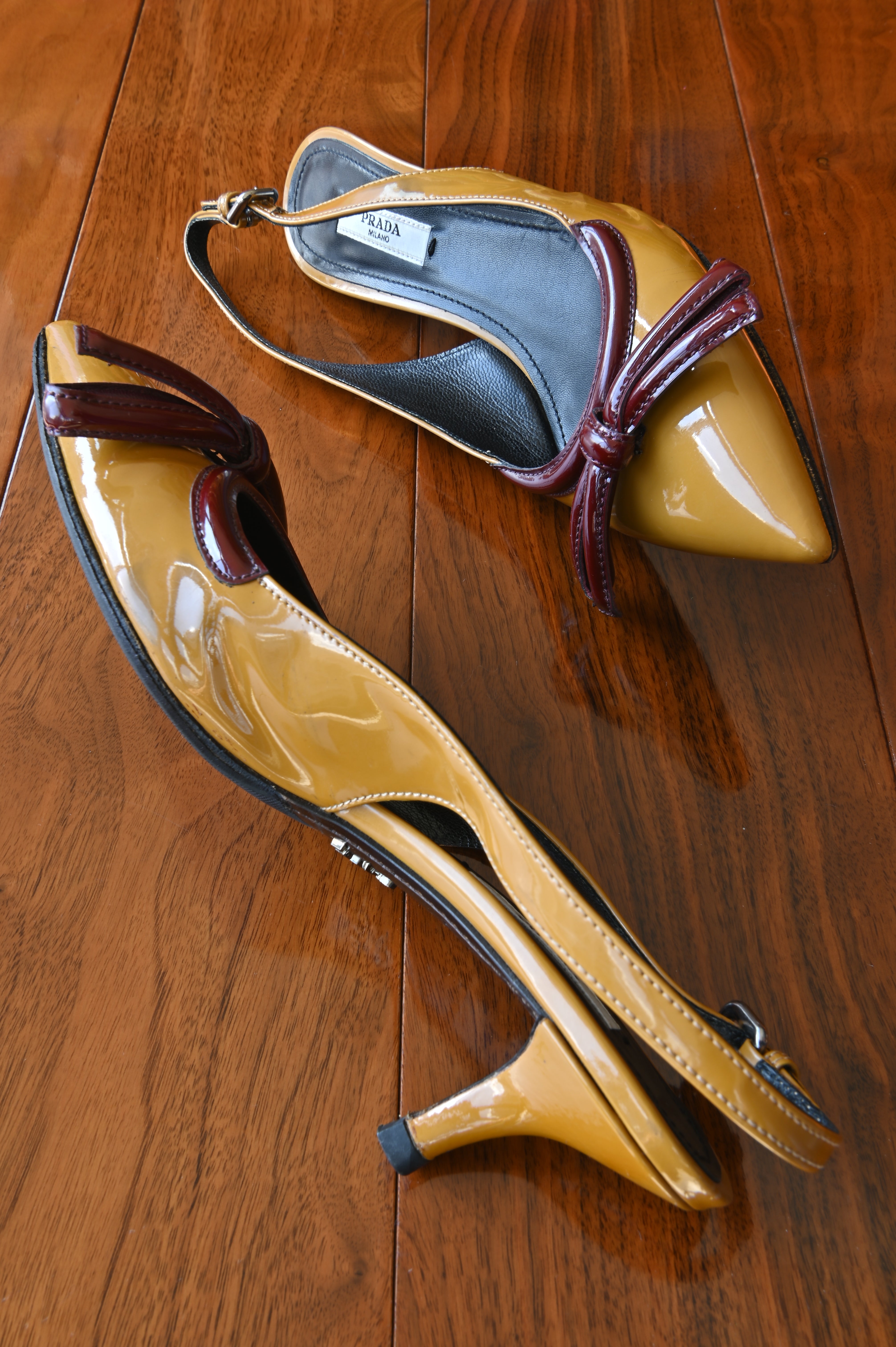 Prada Yellow Red Patent Bow Heels side two
