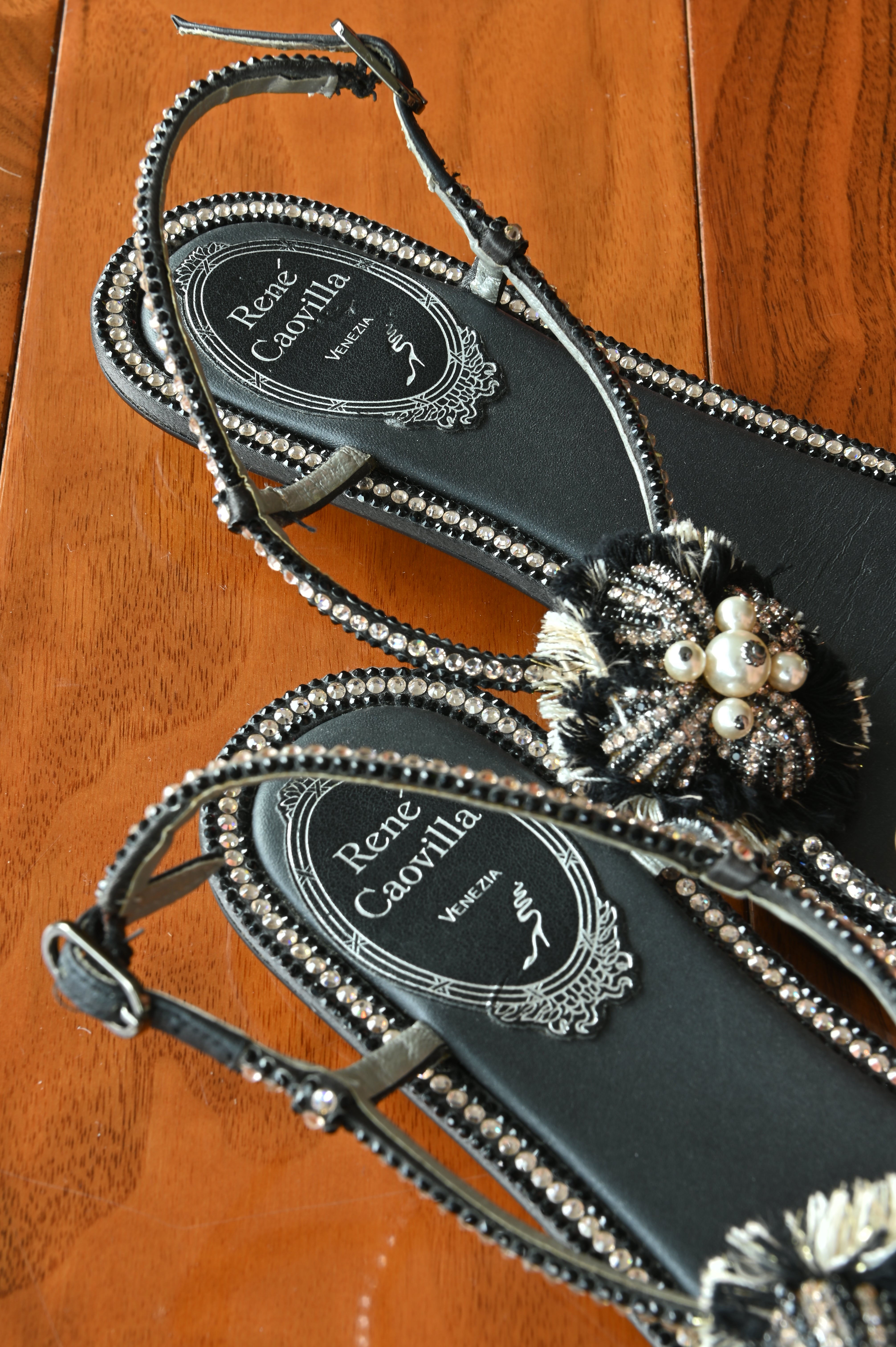 René Caovilla Black Crystal Flower Thong Flats back