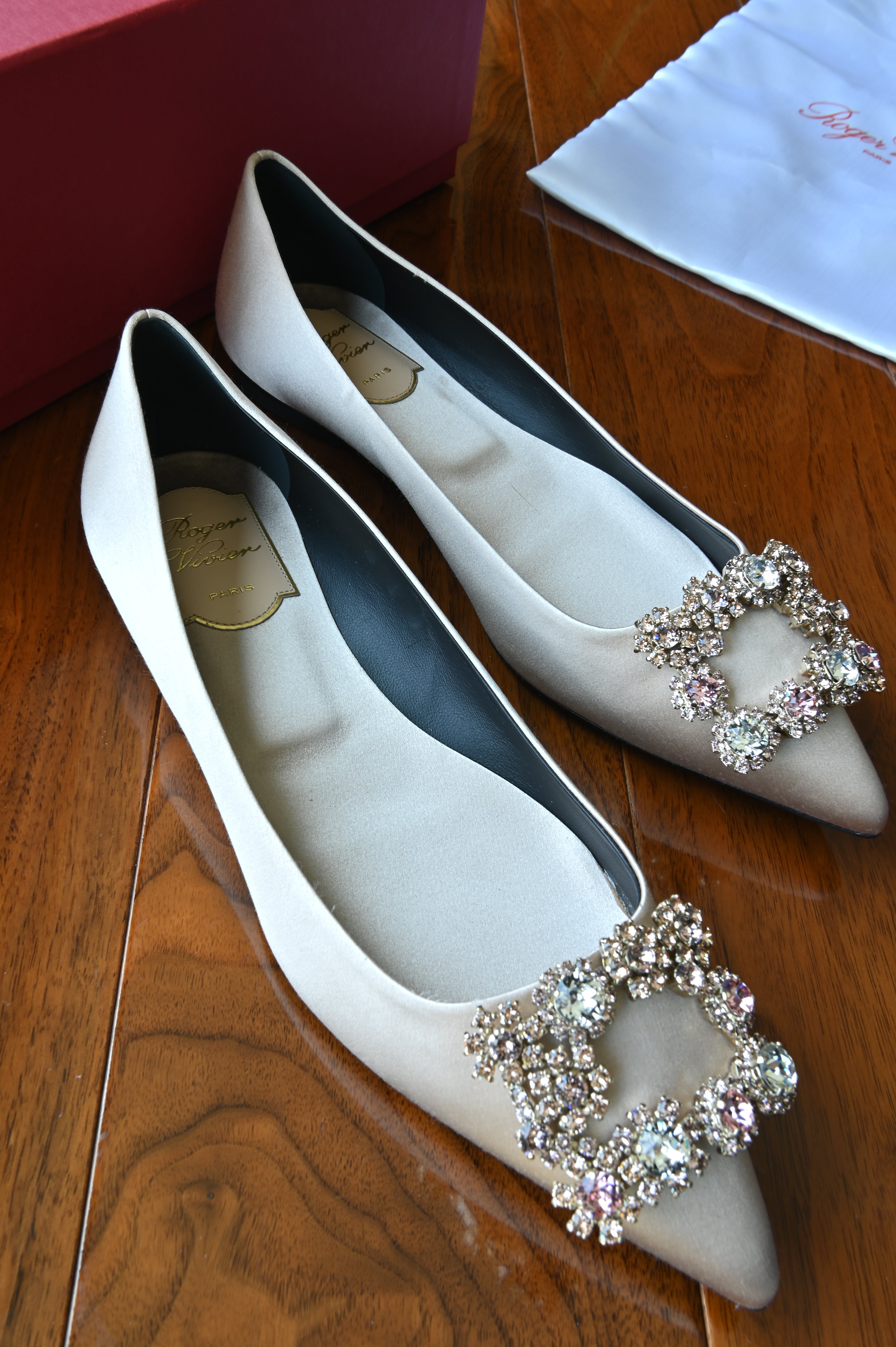 Roger Vivier Beige Satin Crystal Buckle Pumps