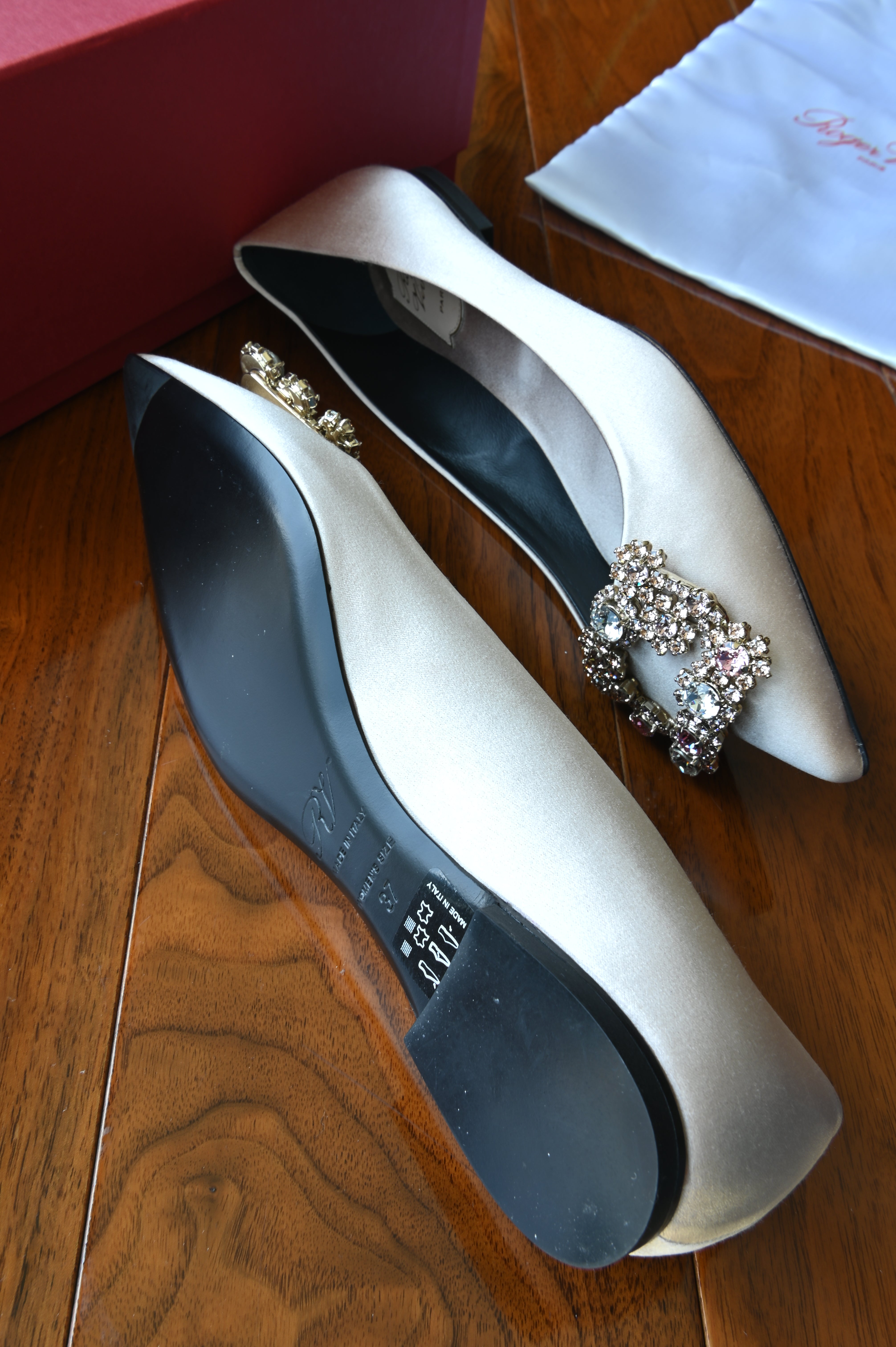 Roger Vivier Beige Satin Crystal Buckle Pumps side two