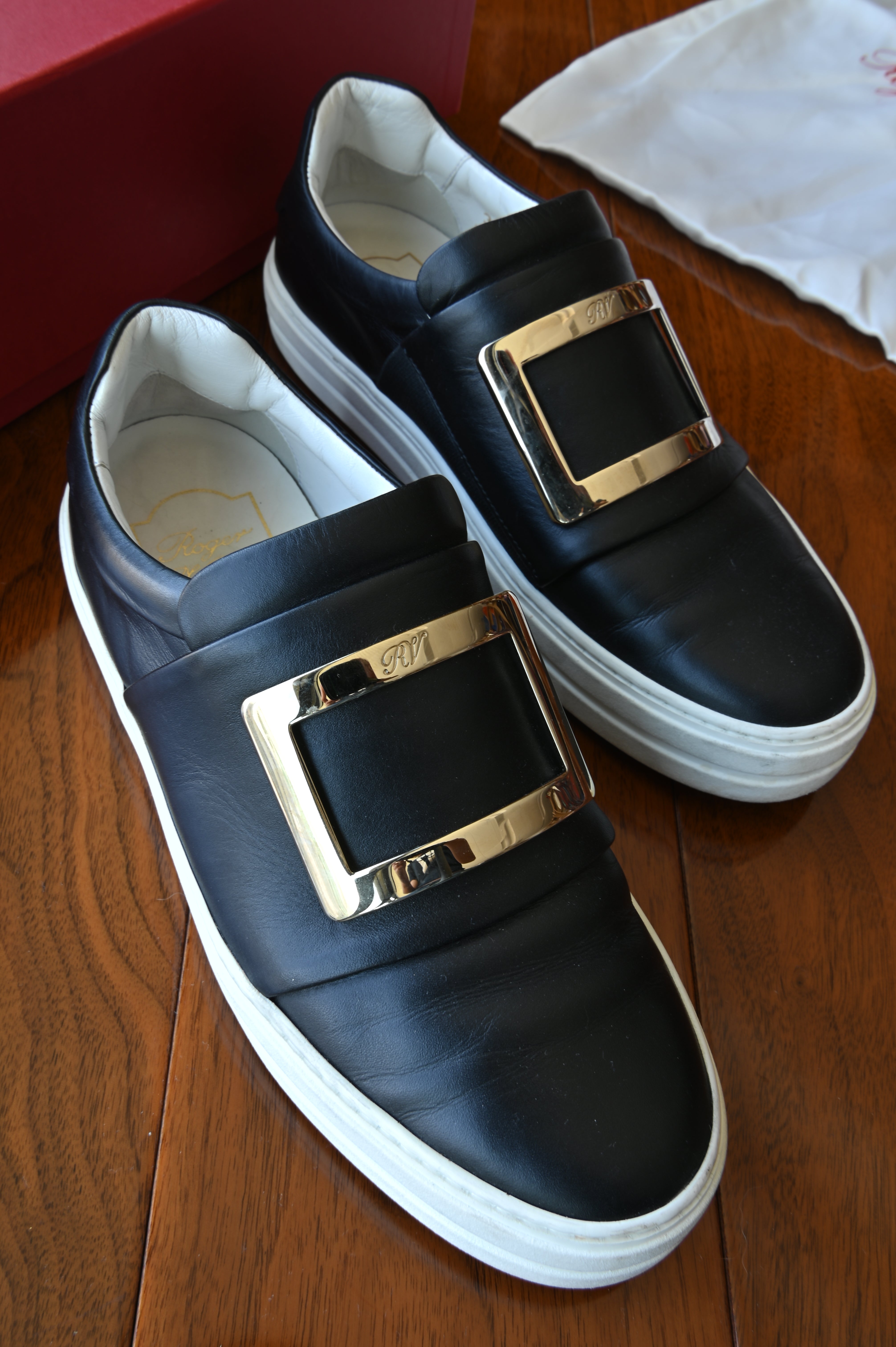 Roger Vivier Black Gold. Buckle Slip On Shoes
