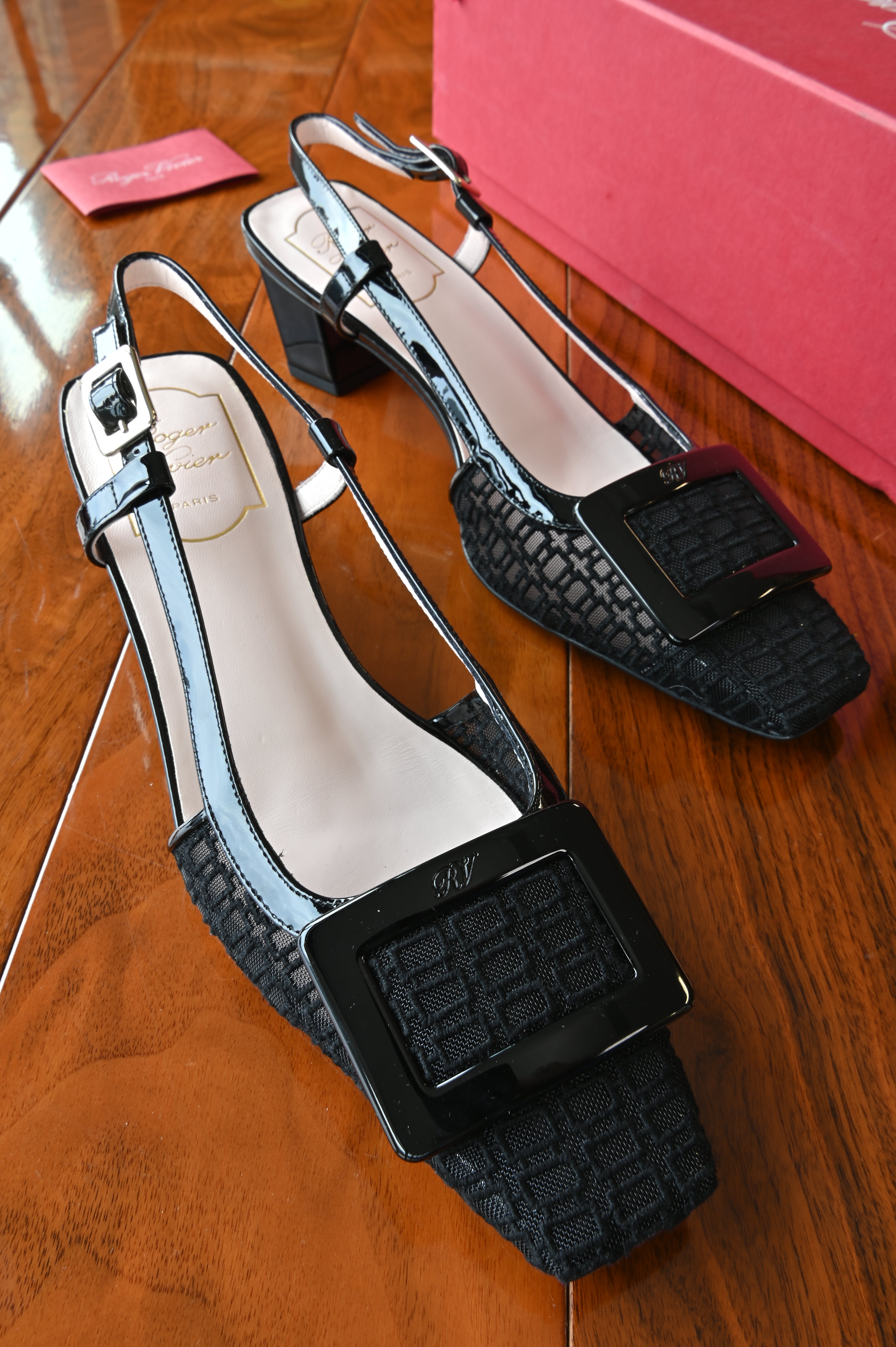 Roger Vivier Black Mesh and Leather Slingback Pumps