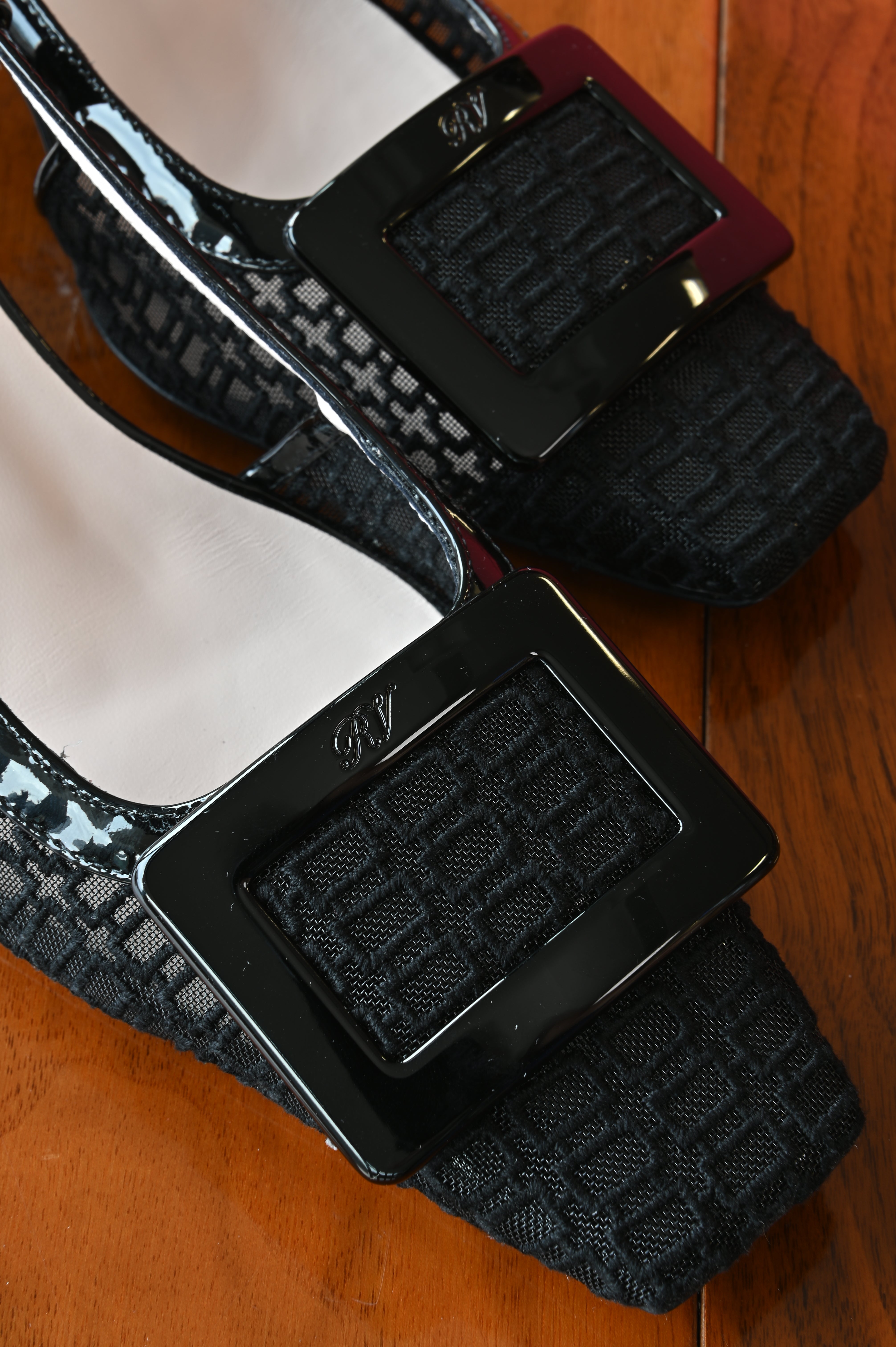 Roger Vivier Black Mesh and Leather Slingback Pumps front