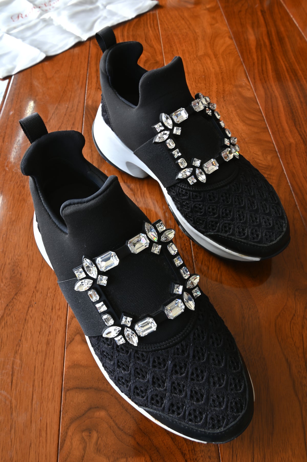 Roger Vivier Black Satin Crystal Buckle Sneakers