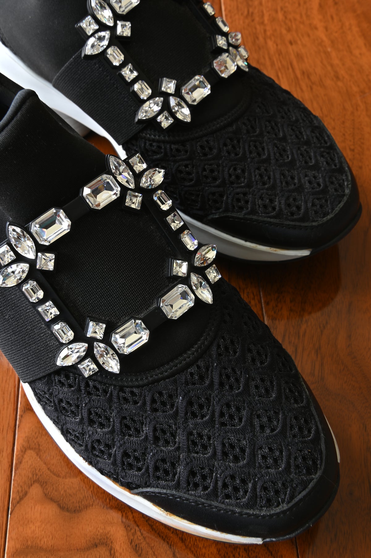 Roger Vivier Black Satin Crystal Buckle Sneakers front