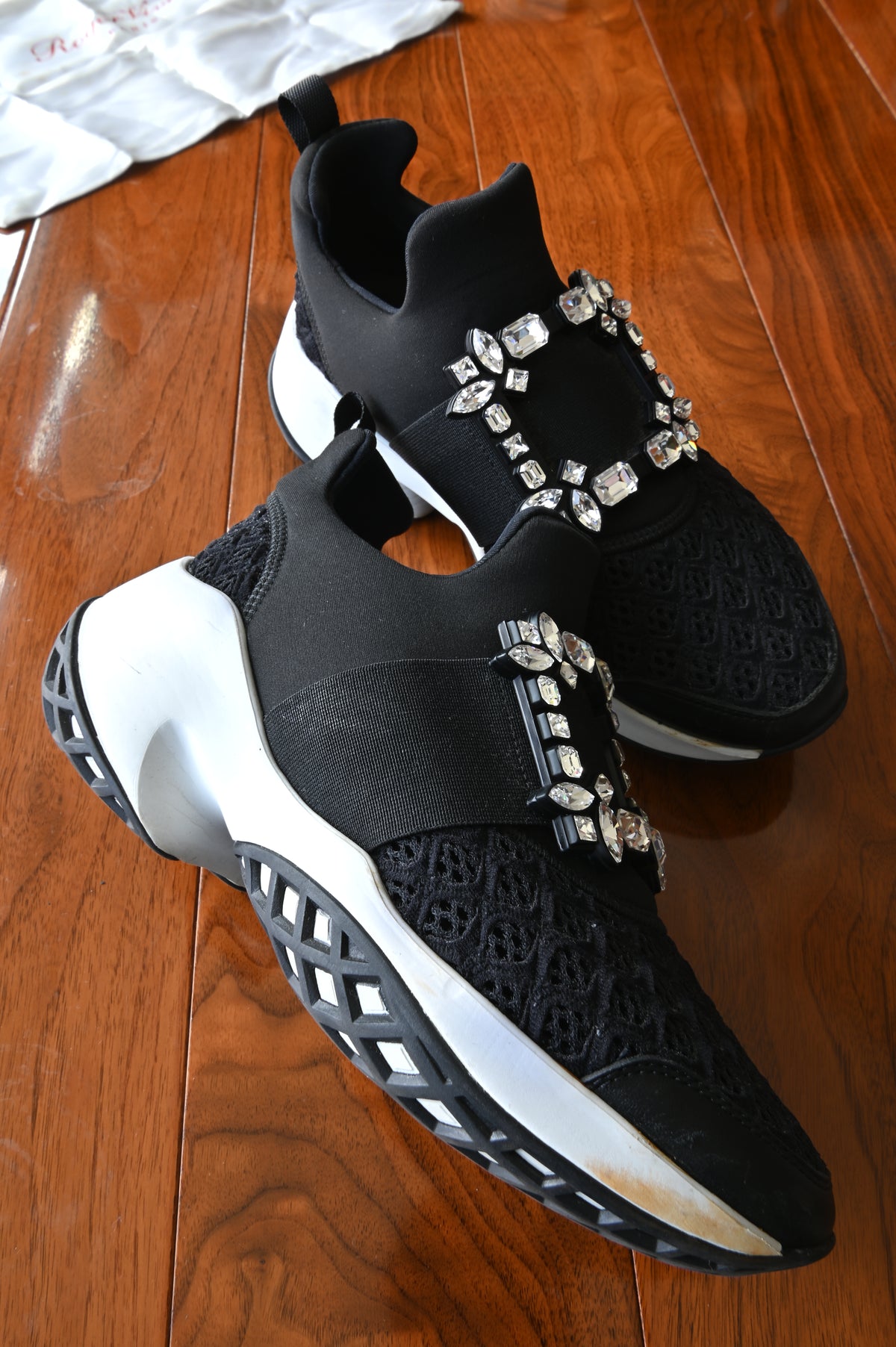 Roger Vivier Black Satin Crystal Buckle Sneakers left