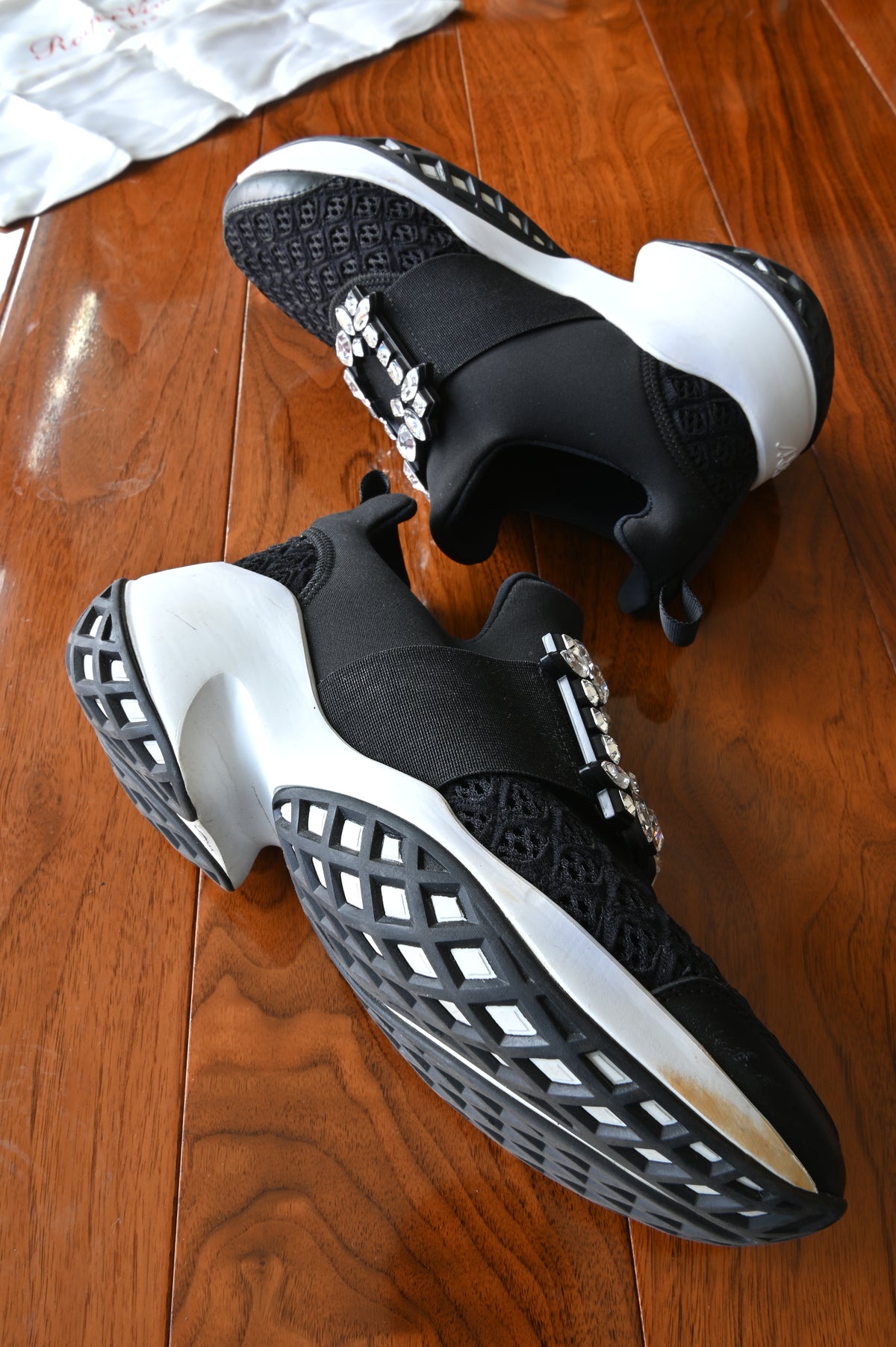 Roger Vivier Black Satin Crystal Buckle Sneakers side