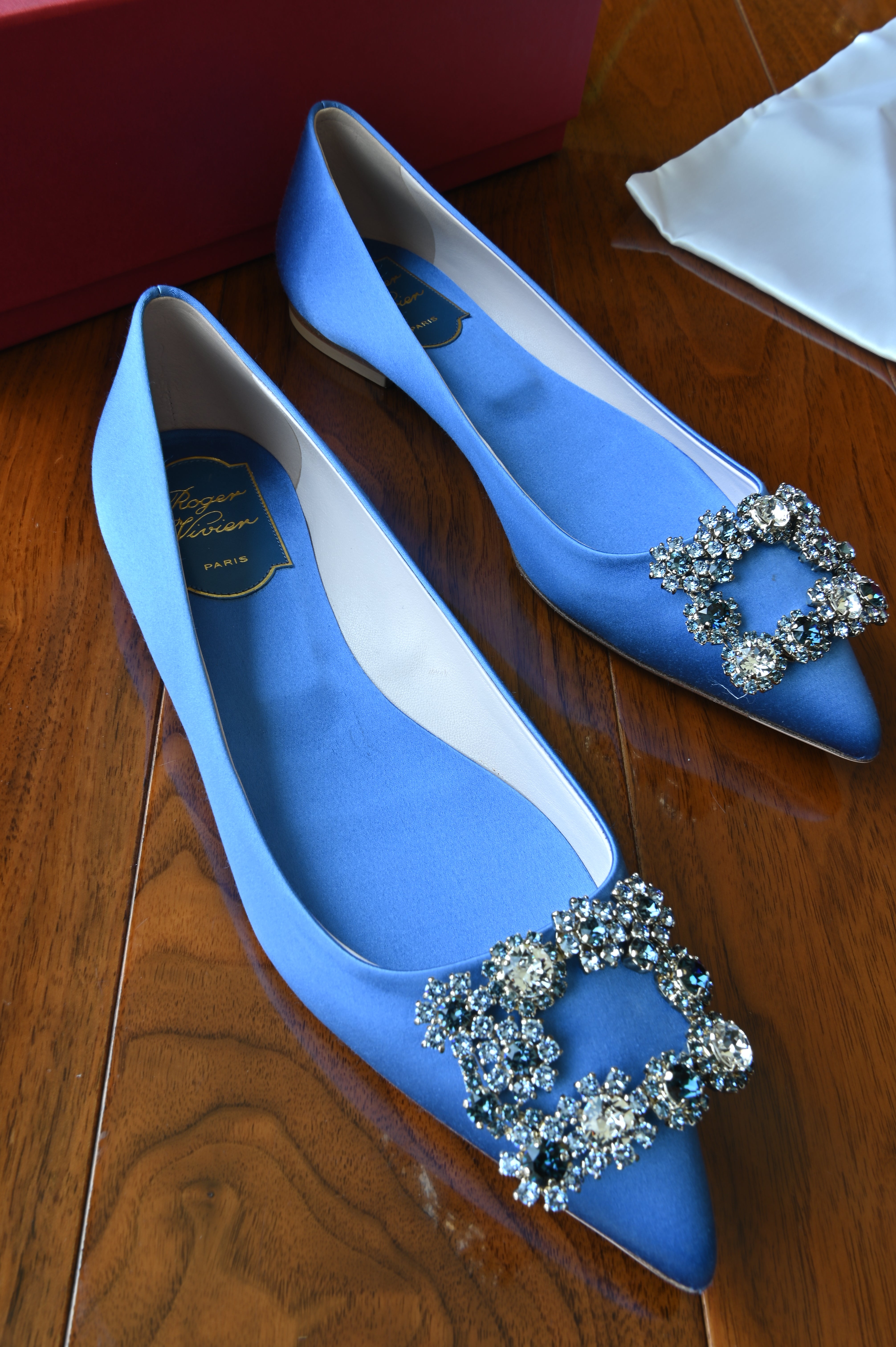 Roger Vivier Blue Satin Crystal Buckle Pumps