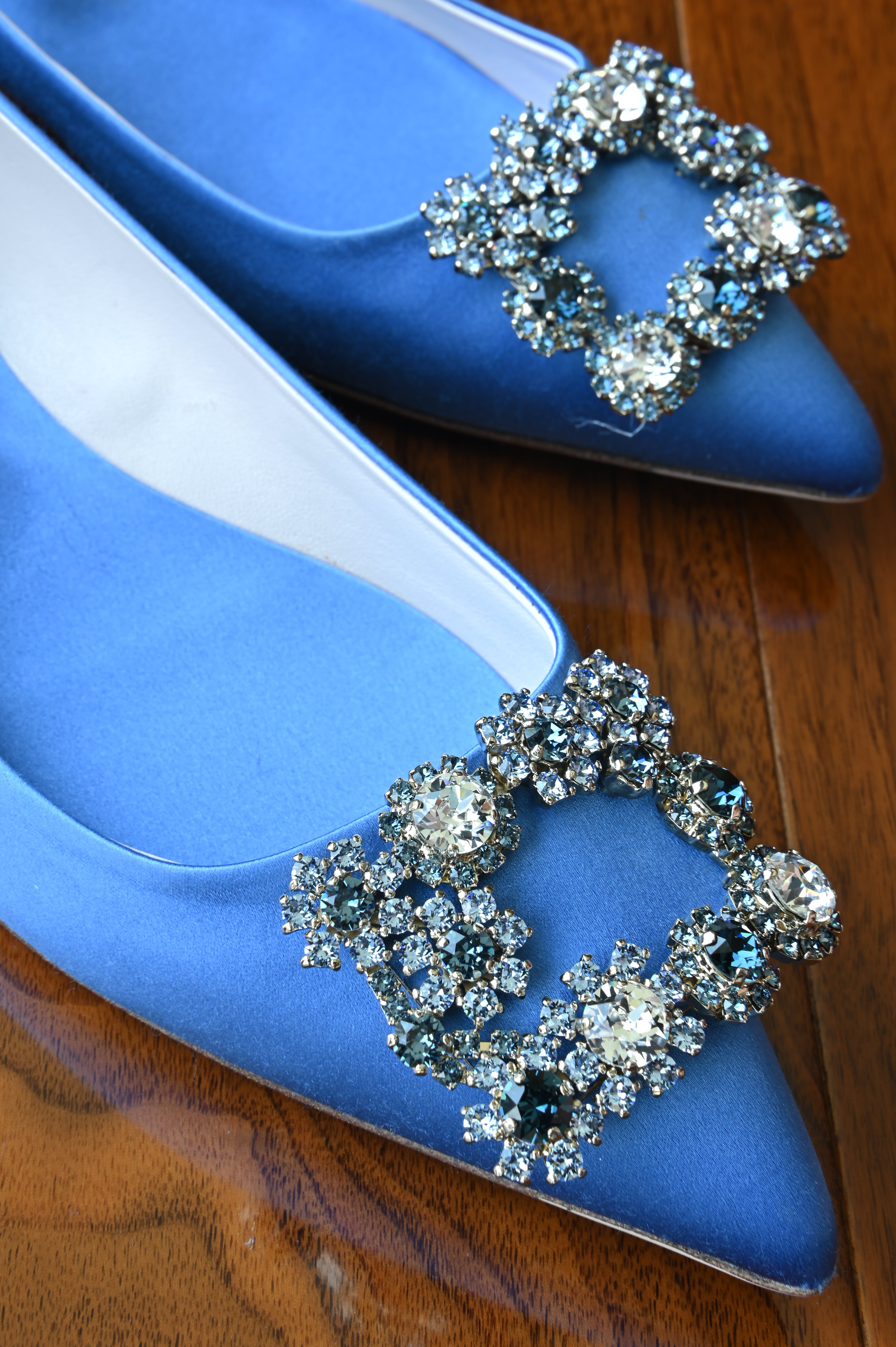 Roger Vivier Blue Satin Crystal Buckle Pumps front