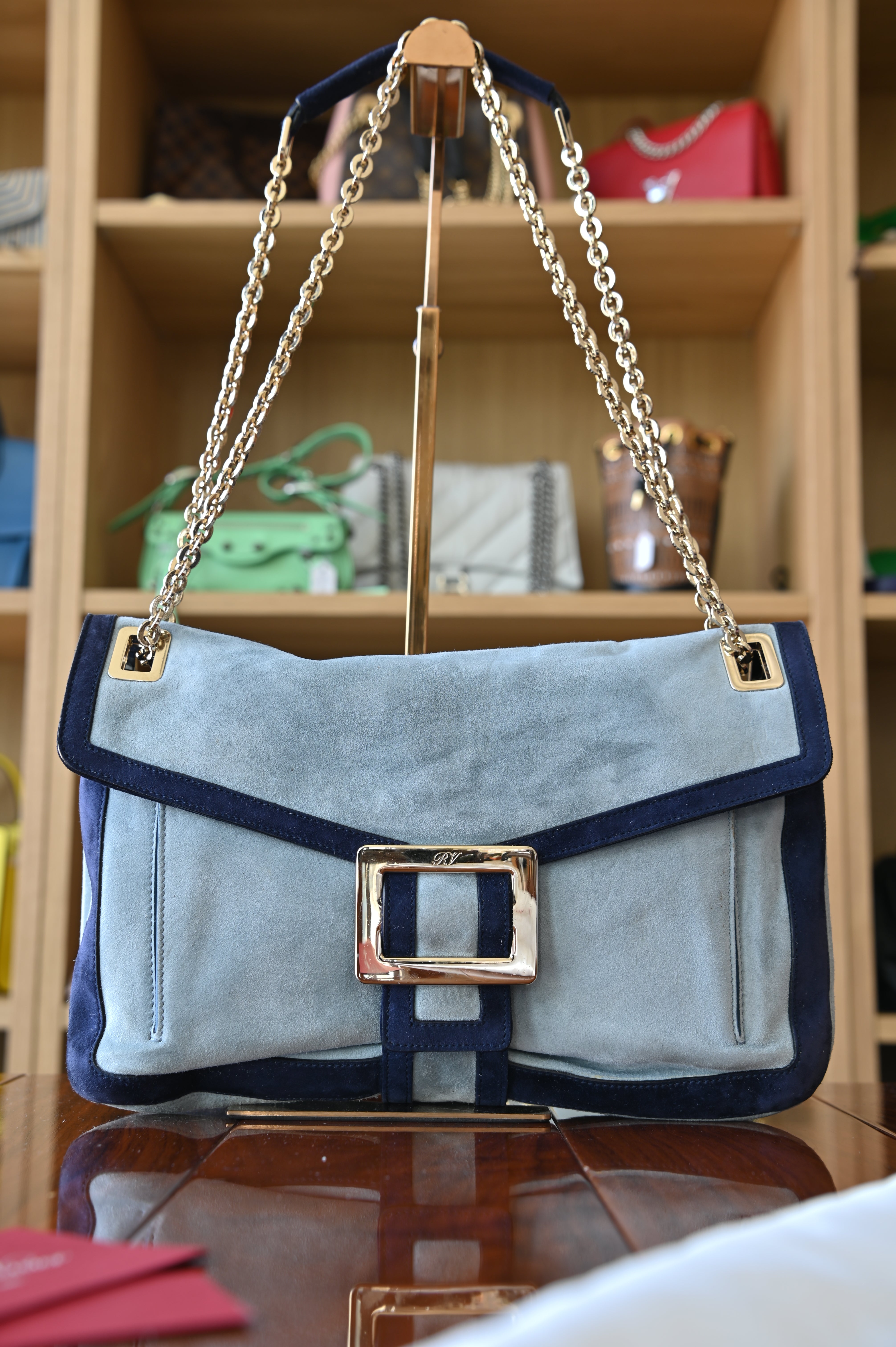 Roger Vivier Blue Suede Gold Buckle Shoulder Bag