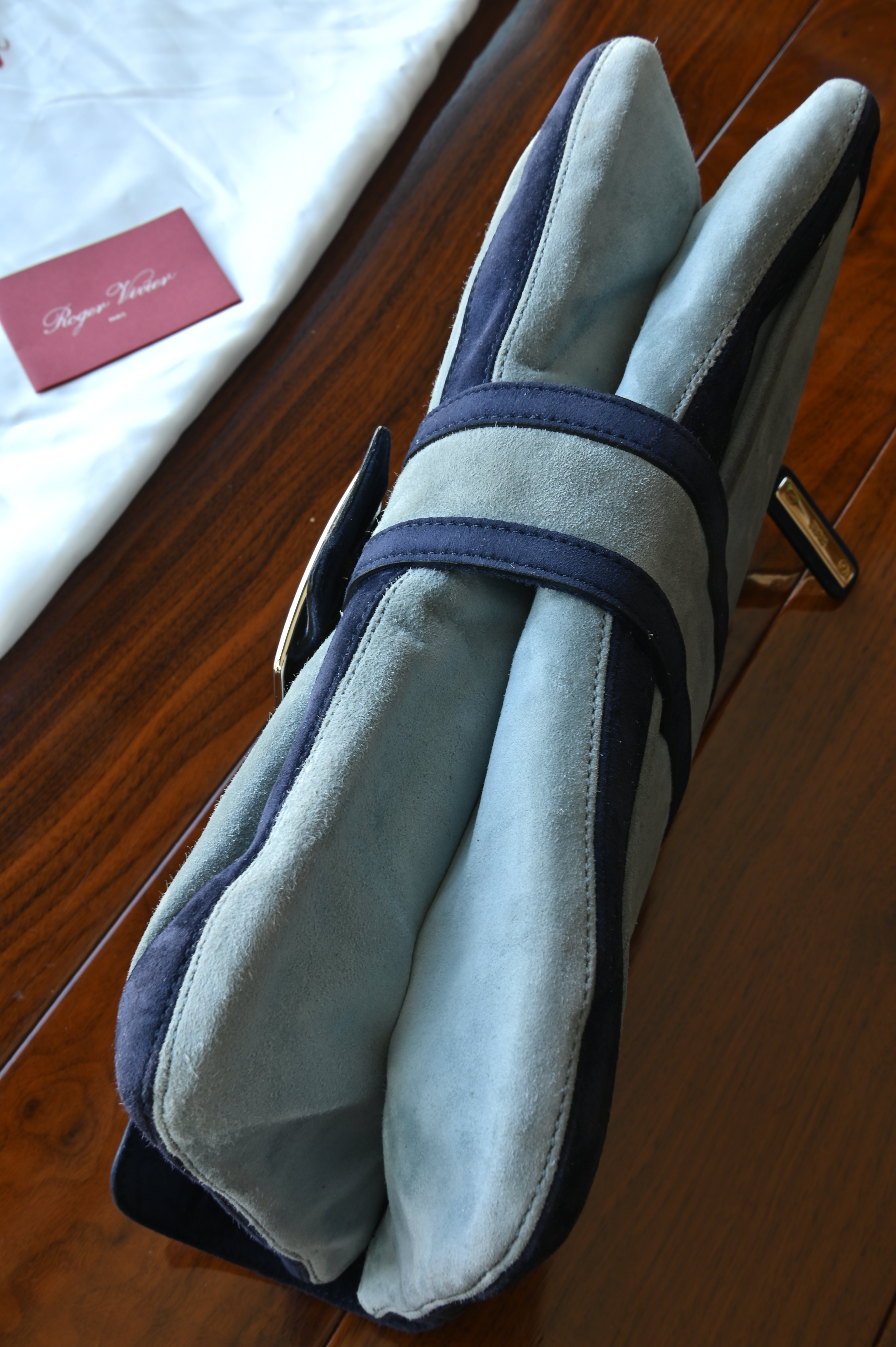 Roger Vivier Blue Suede Gold Buckle Shoulder Bag bottom
