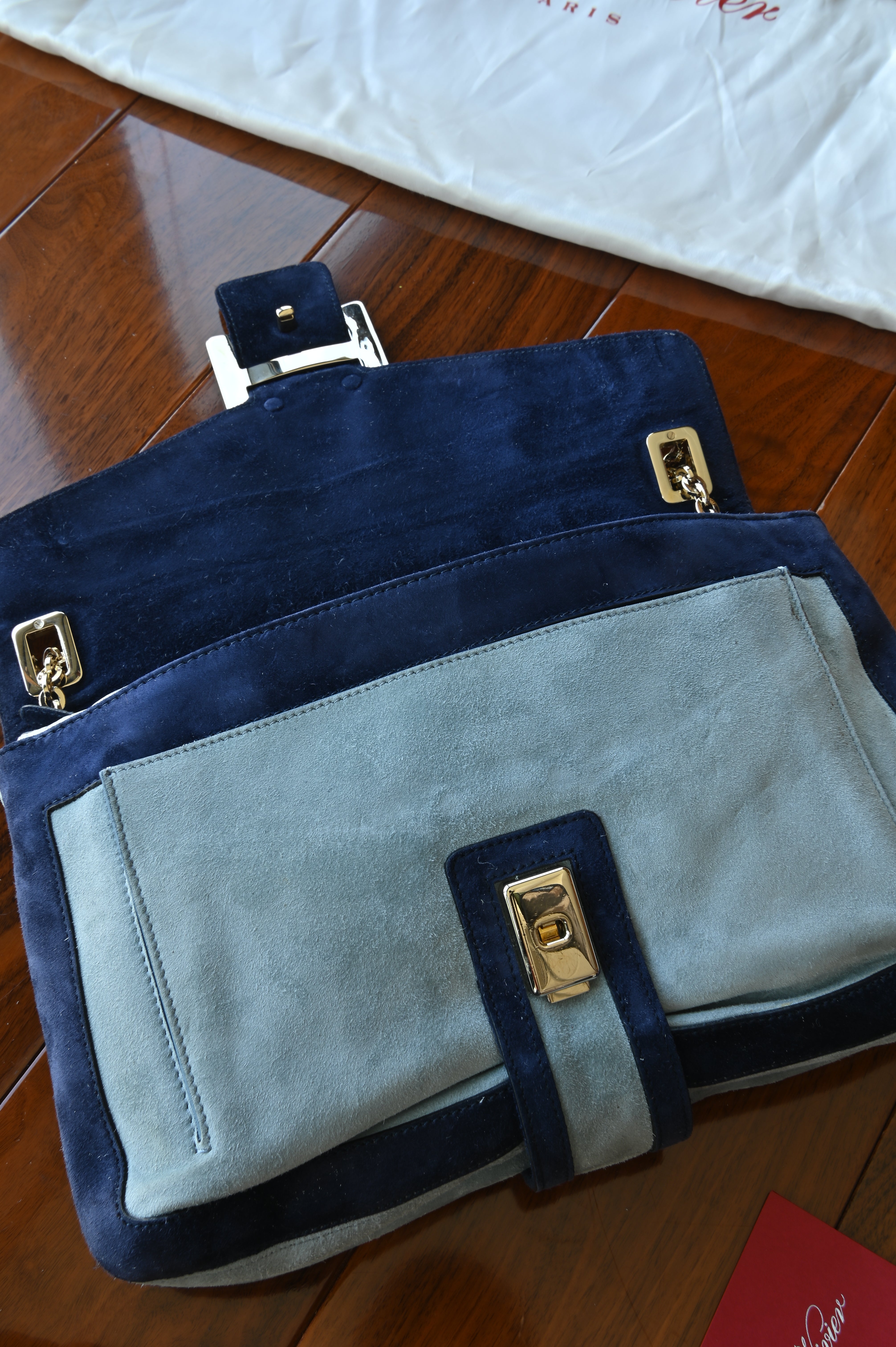 Roger Vivier Blue Suede Gold Buckle Shoulder Bag open