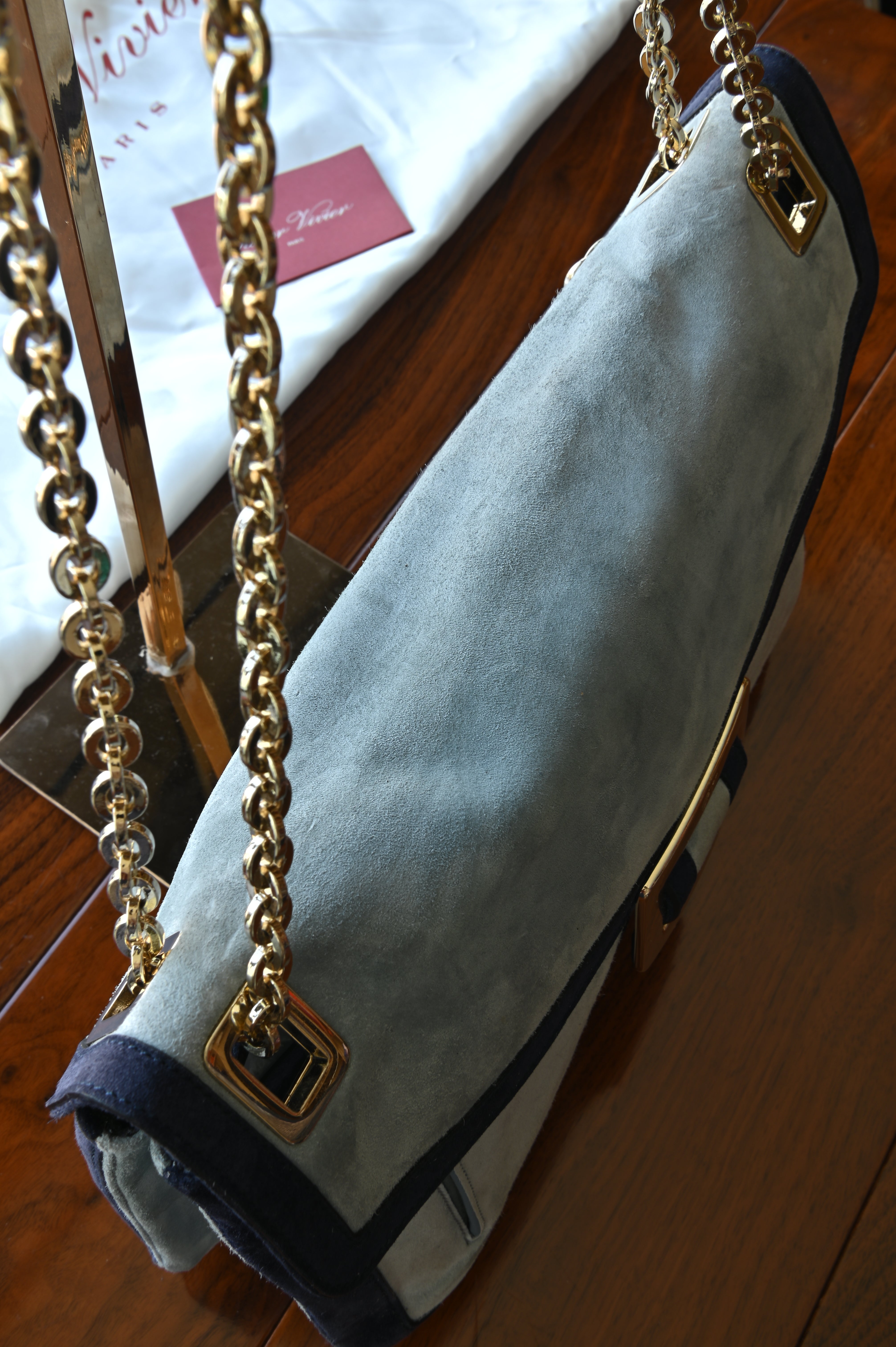 Roger Vivier Blue Suede Gold Buckle Shoulder Bag top