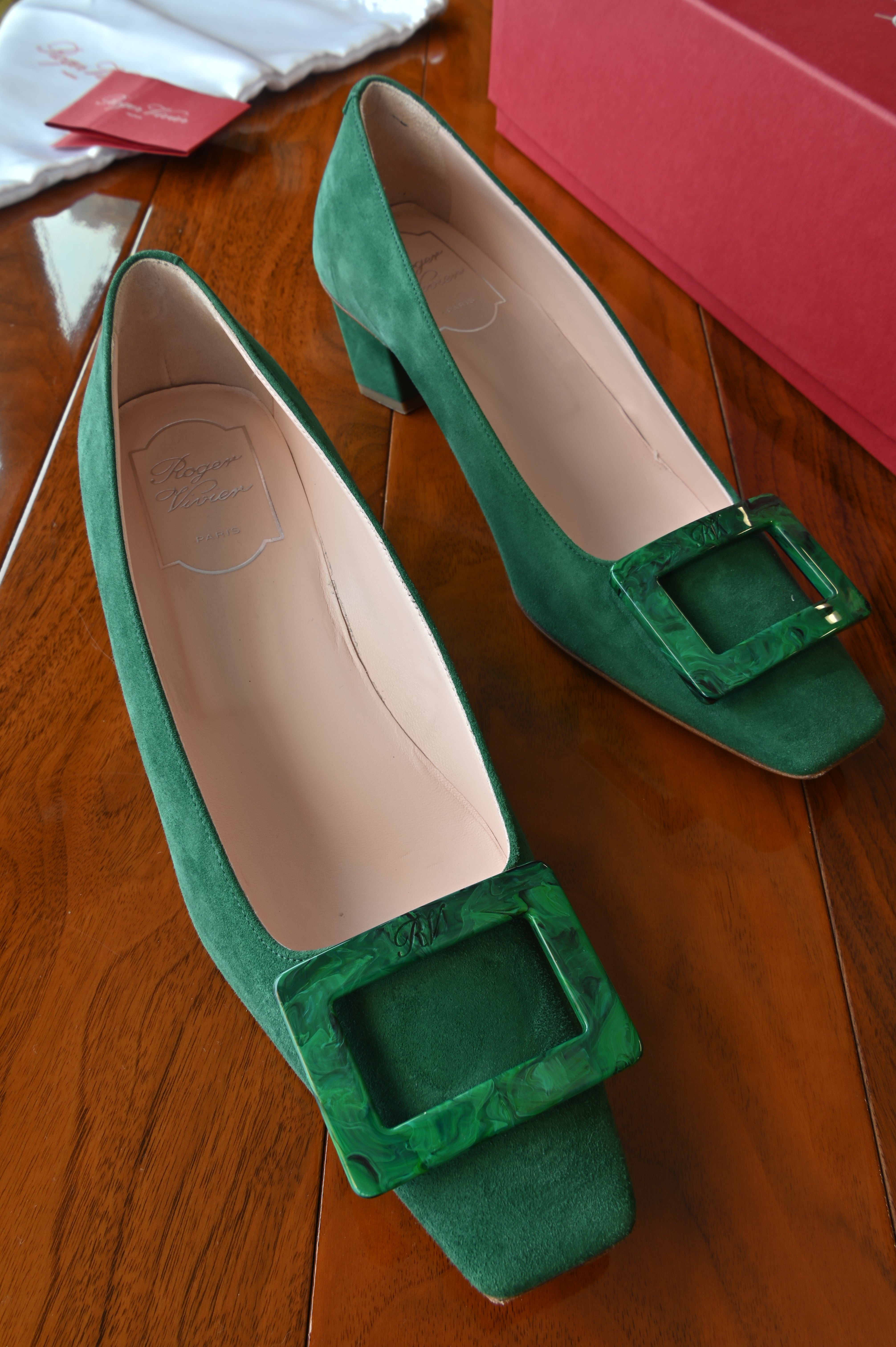 Roger Vivier Emerald Green Suede Stone Buckle Pumps