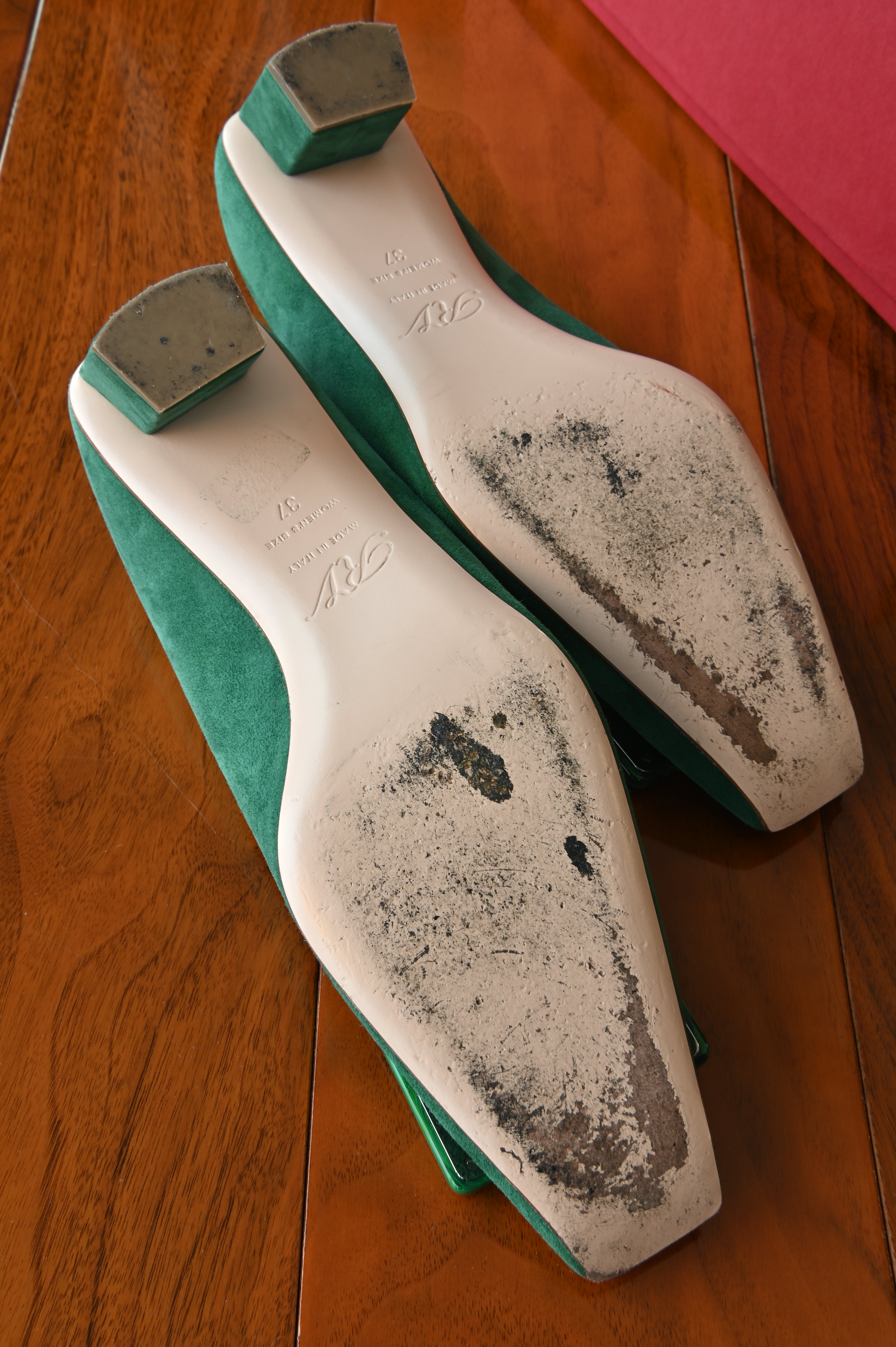 Roger Vivier Emerald Green Suede Stone Buckle Pumps bottom two