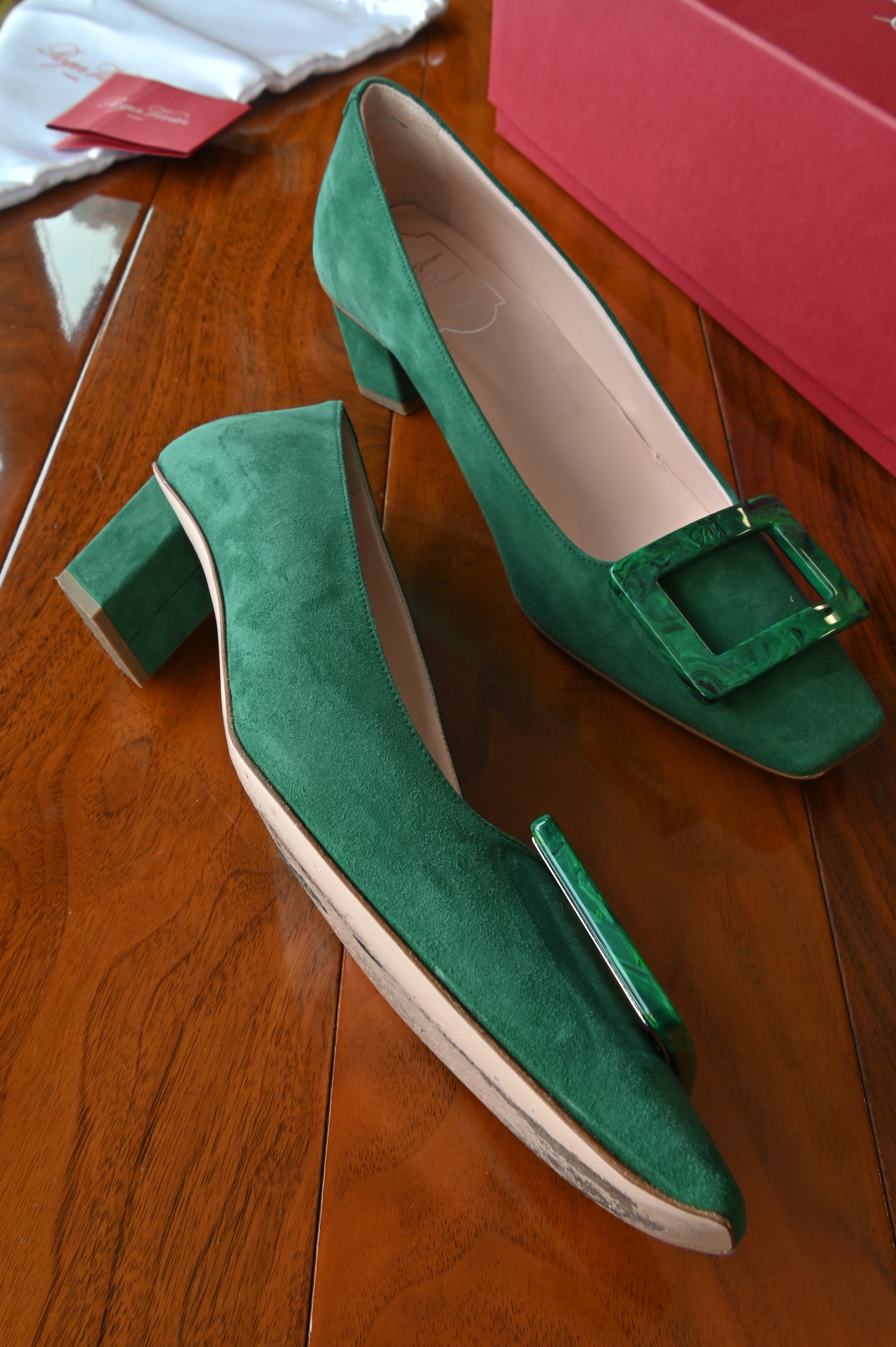 Roger Vivier Emerald Green Suede Stone Buckle Pumps left