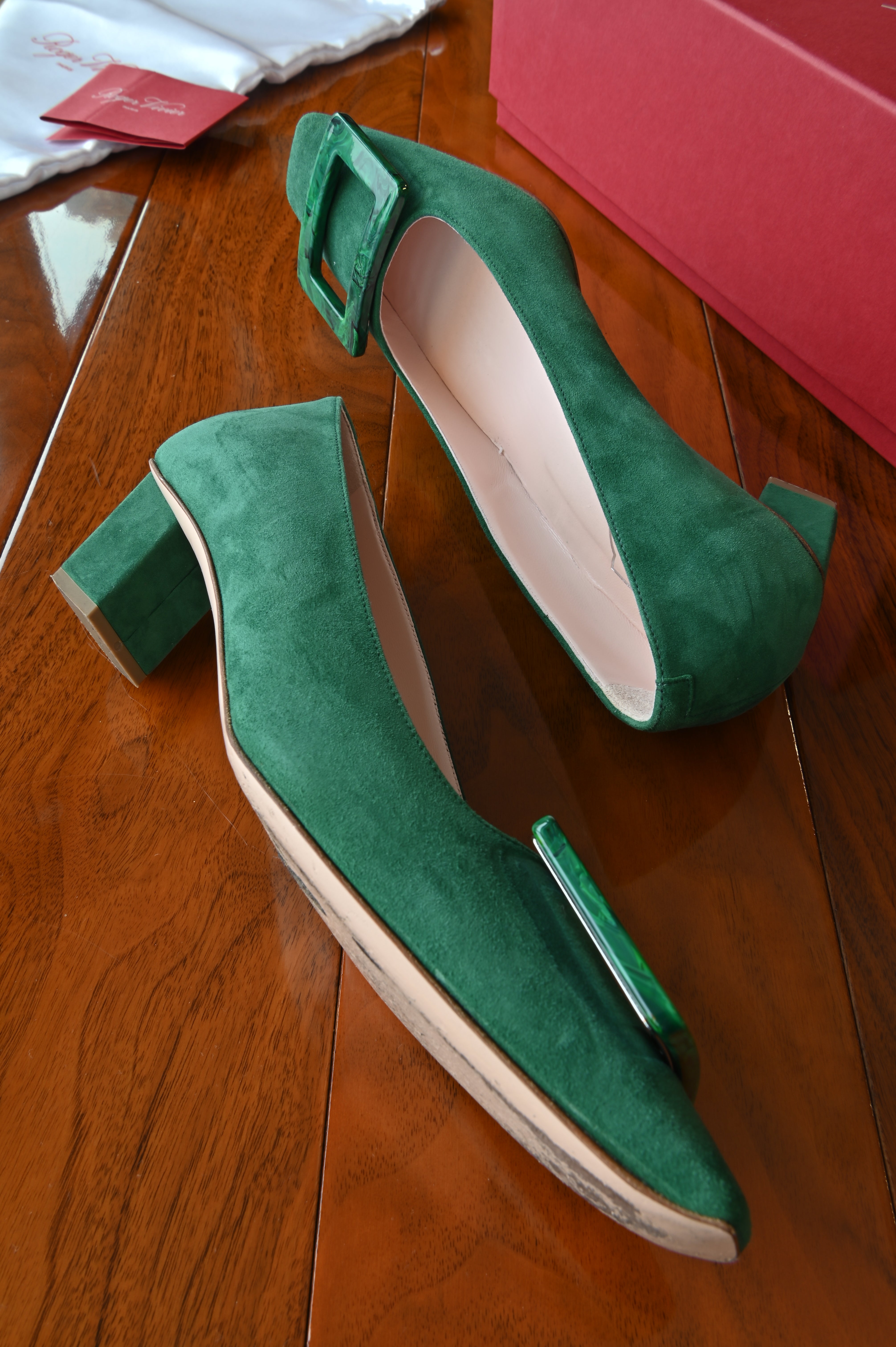 Roger Vivier Emerald Green Suede Stone Buckle Pumps side